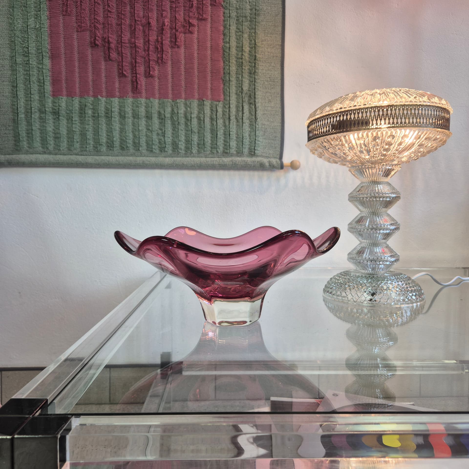 Decorative centerpiece, pink transparent glass, Czechoslovakia, 1970s. - 390151