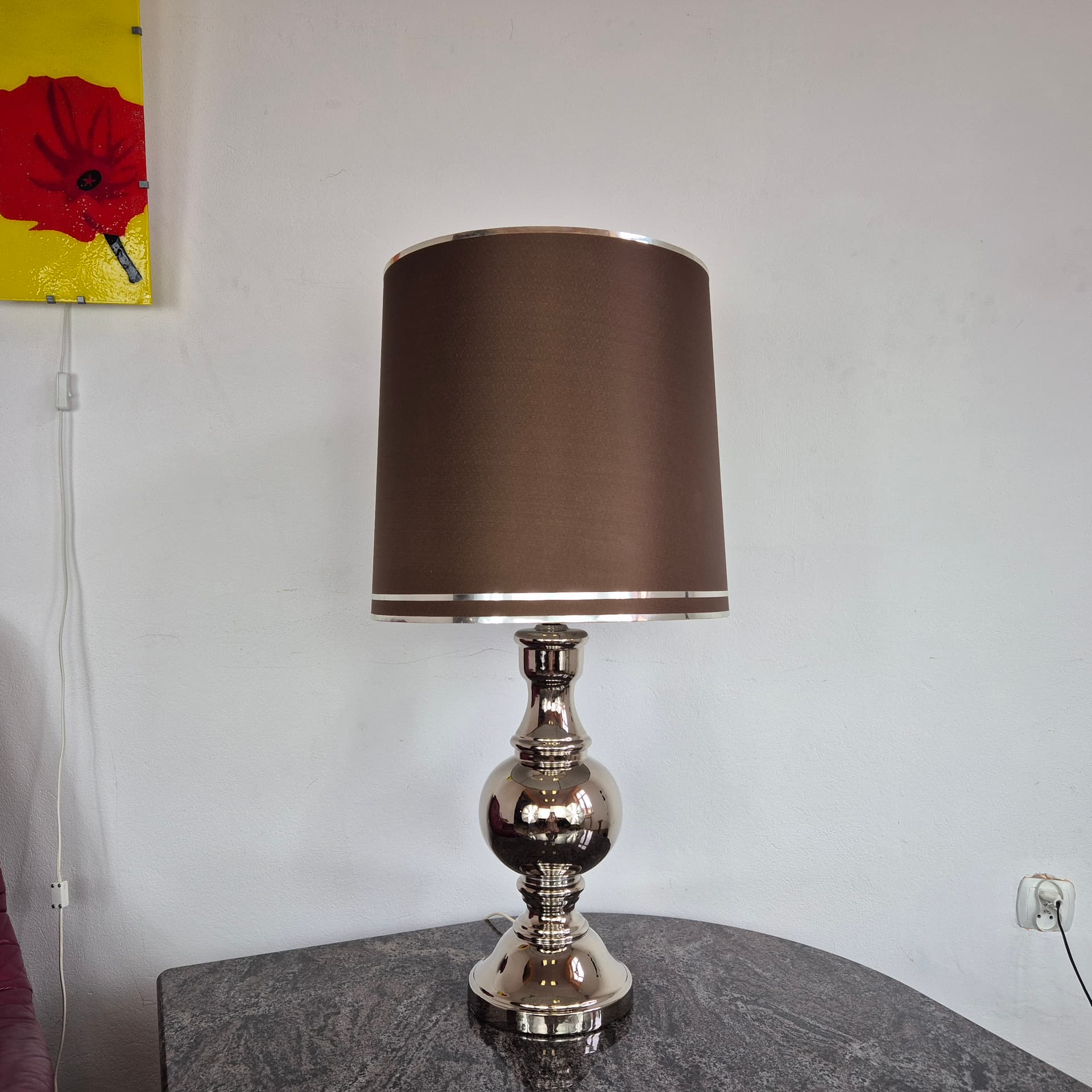 Lampa stołowa, ceramika srebrny, tkanina brązowy, Niemcy, lata 70. - 390198
