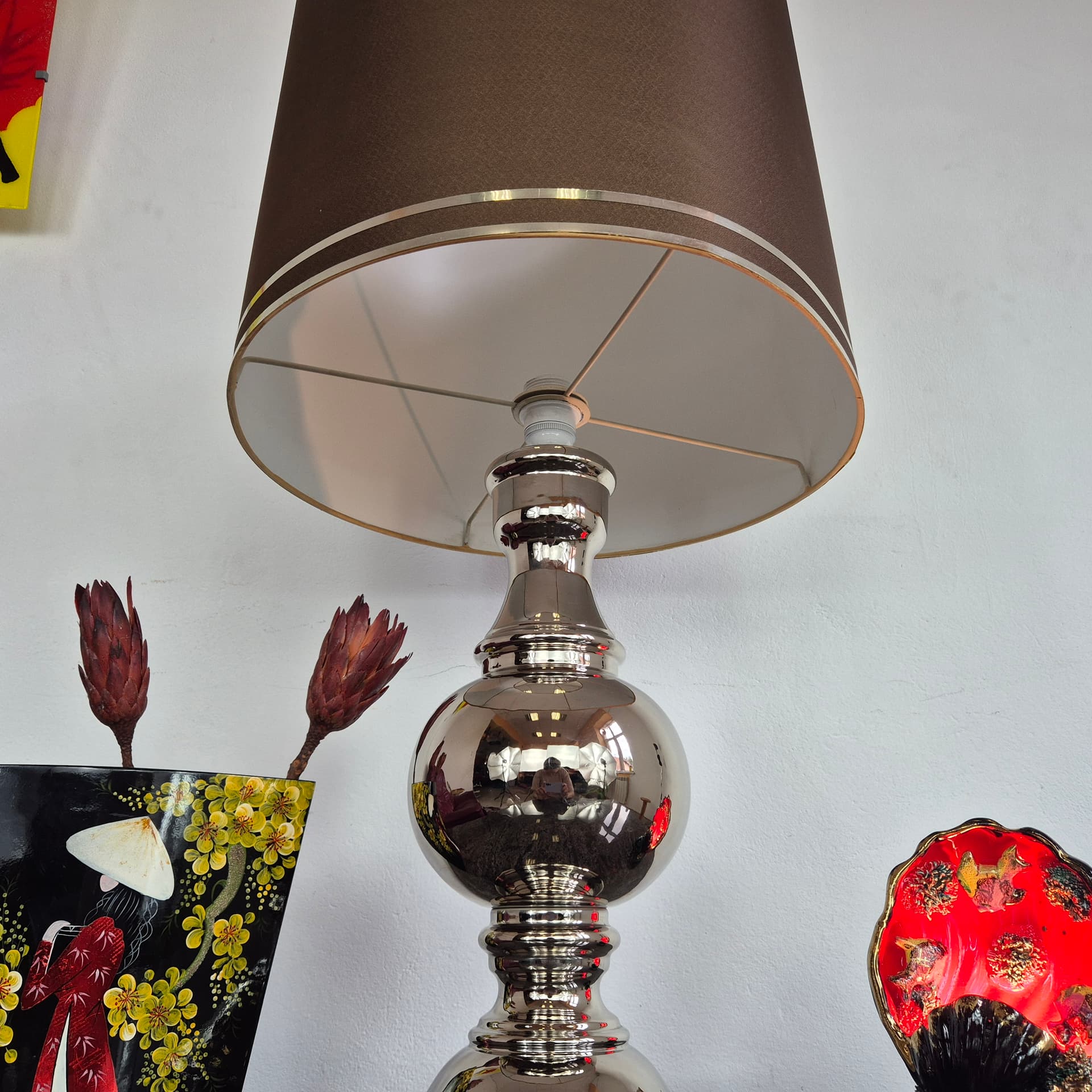 Lampa stołowa, ceramika srebrny, tkanina brązowy, Niemcy, lata 70. - 390202