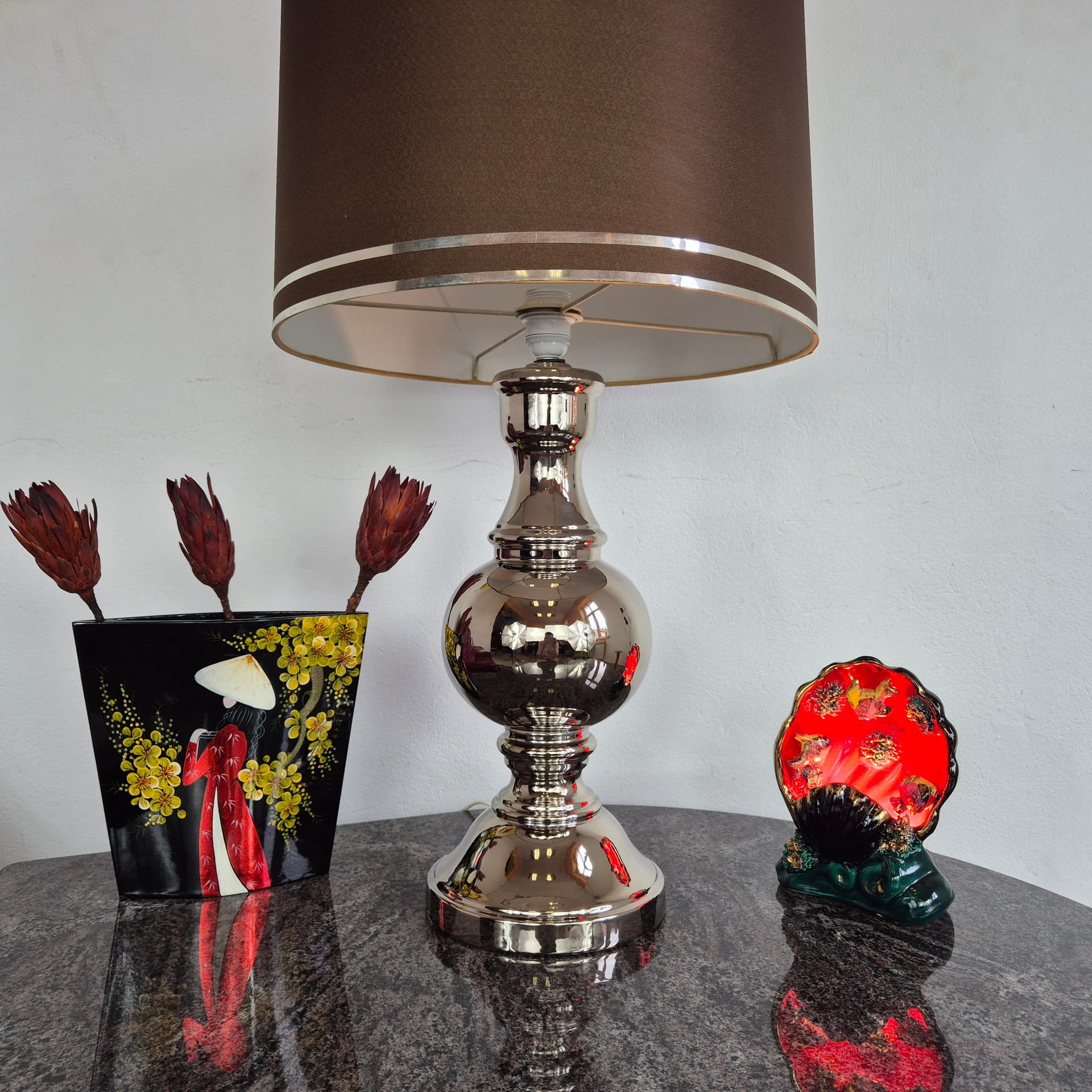 Lampa stołowa, ceramika srebrny, tkanina brązowy, Niemcy, lata 70. - 390199