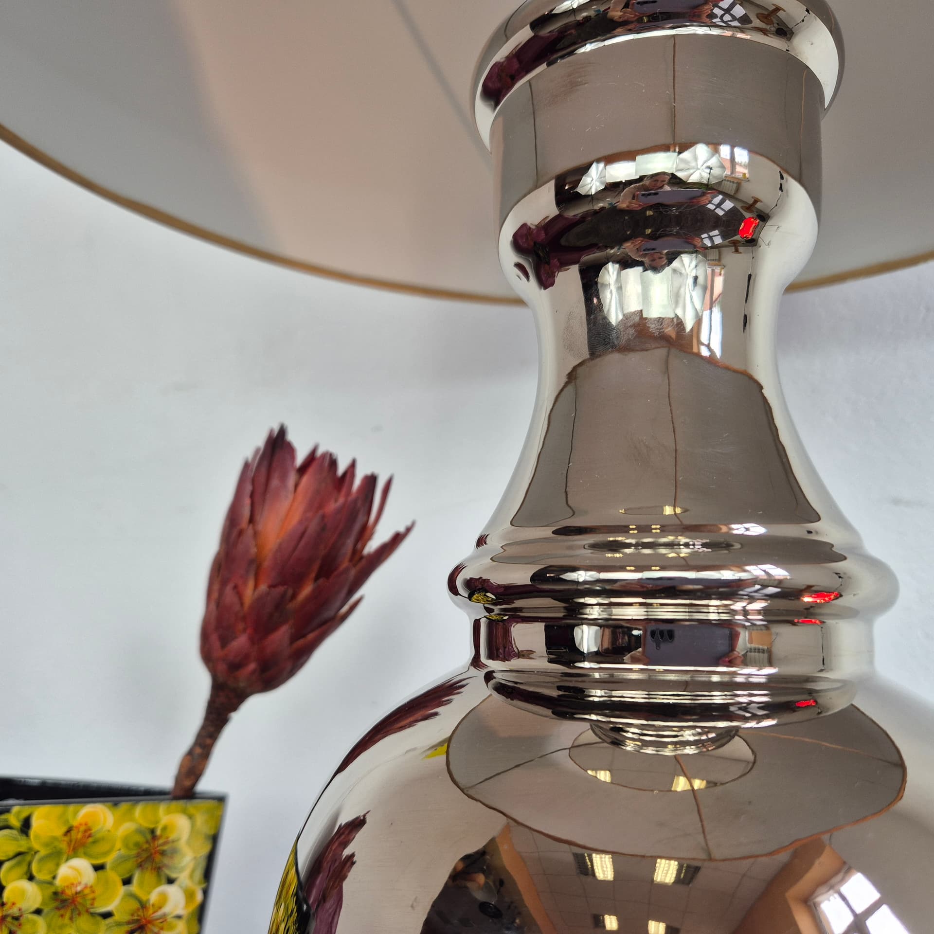 Lampa stołowa, ceramika srebrny, tkanina brązowy, Niemcy, lata 70. - 390200