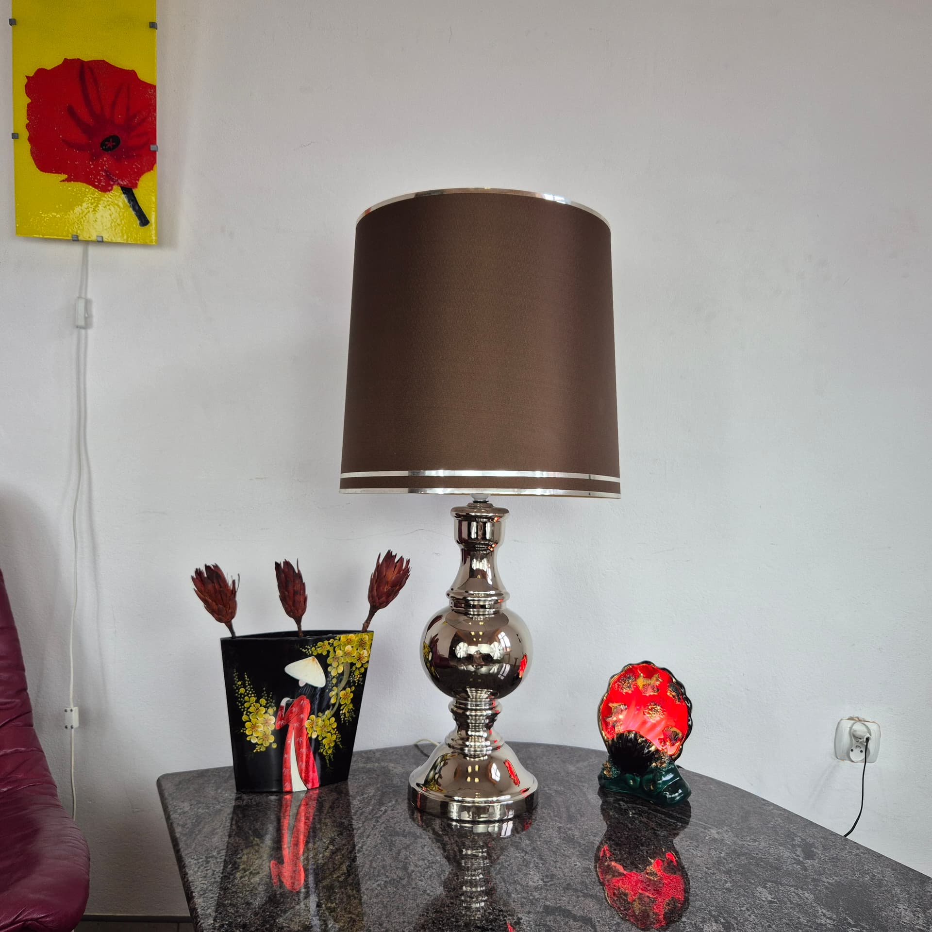 Lampa stołowa, ceramika srebrny, tkanina brązowy, Niemcy, lata 70. - 390196