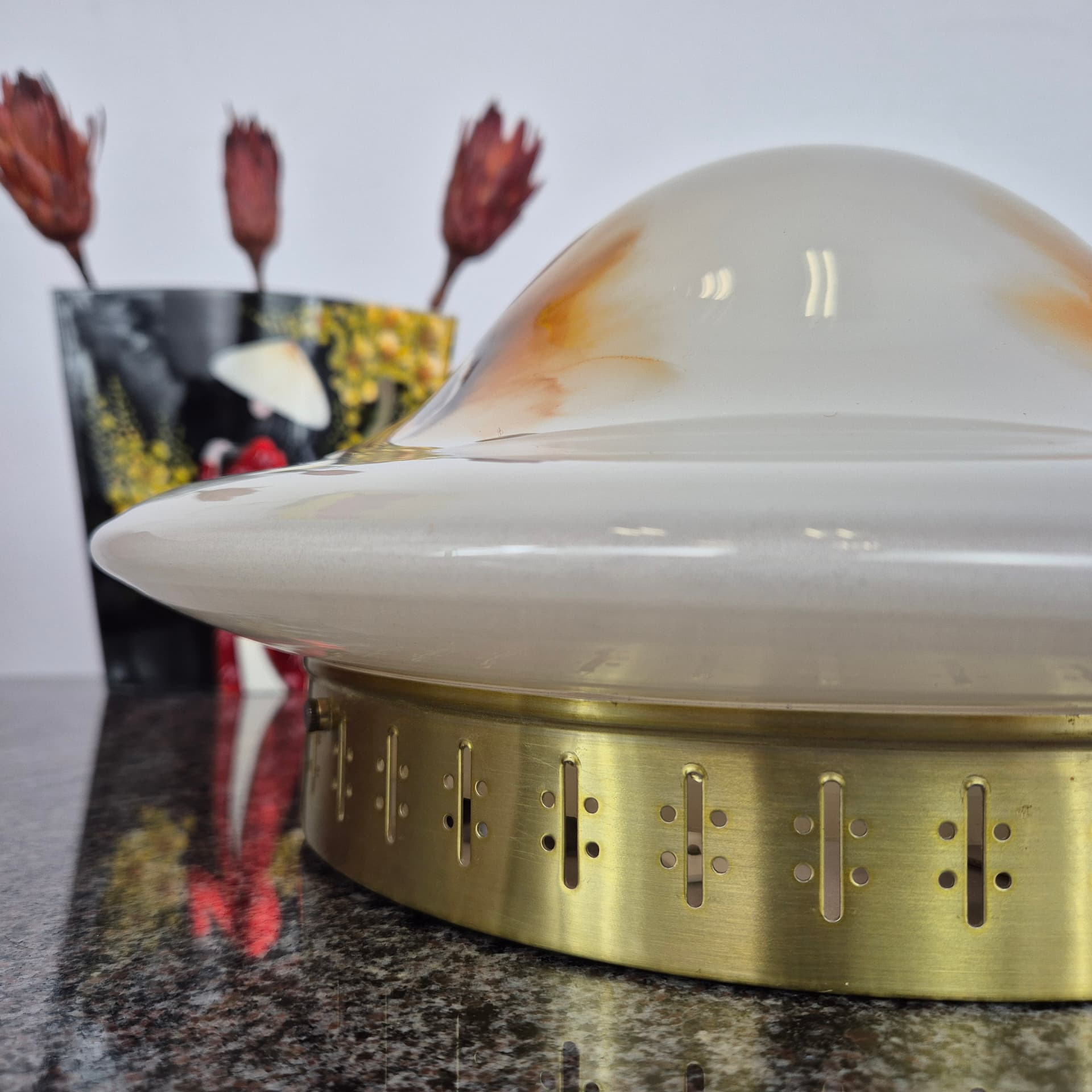 Wall ceiling lamp, white brown glass, Rosdala Glasbruk, Sweden, 1970s. - 390218