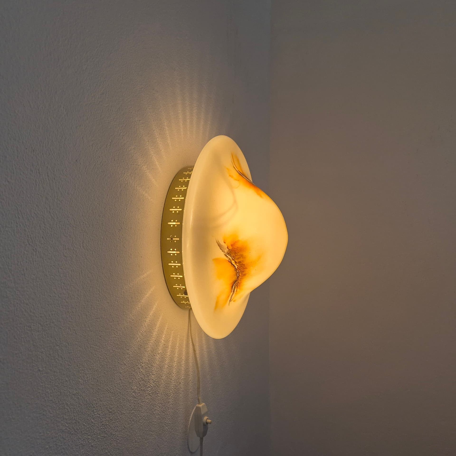 Wall ceiling lamp, white brown glass, Rosdala Glasbruk, Sweden, 1970s. - 390213