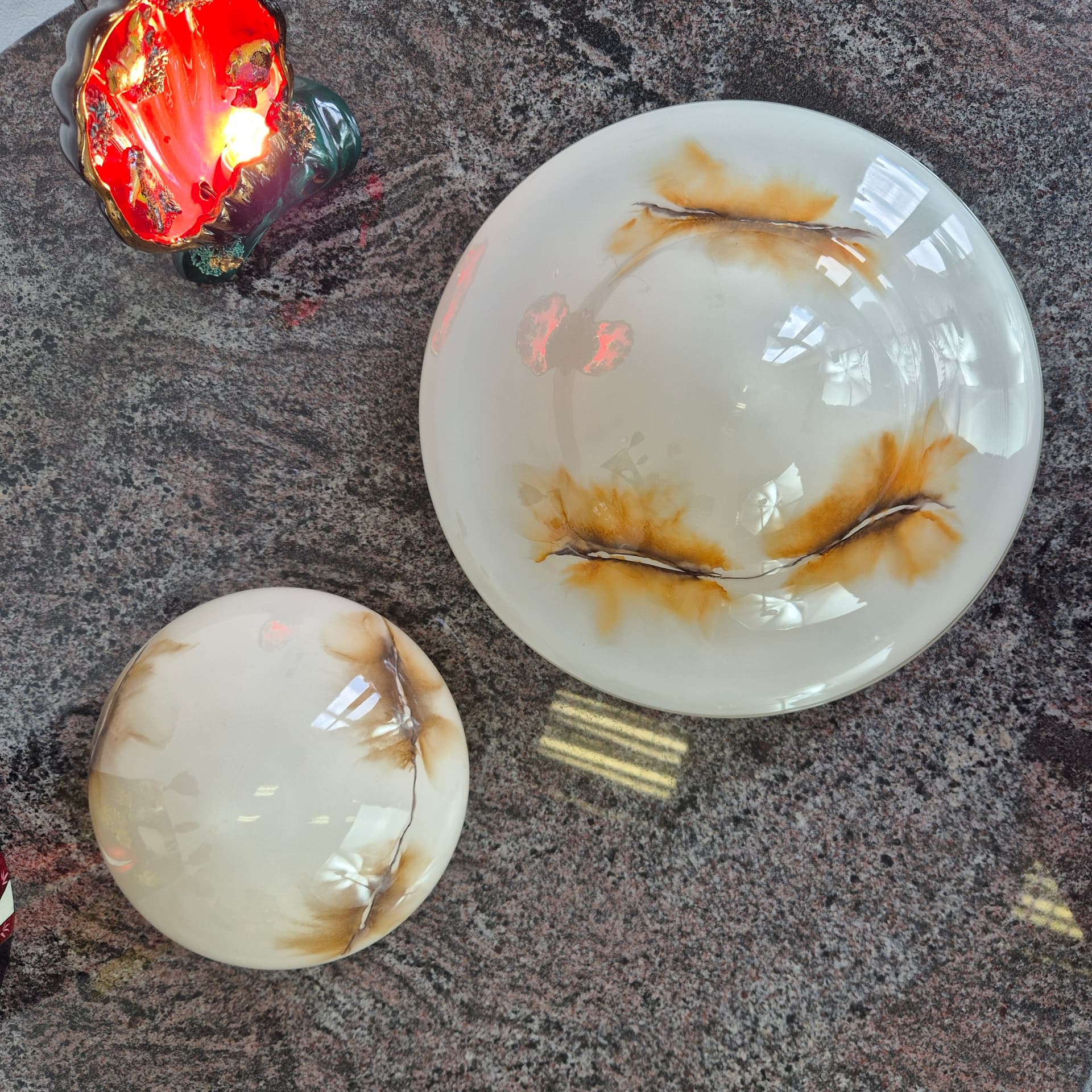 Wall ceiling lamp, white brown glass, Rosdala Glasbruk, Sweden, 1970s. - 390219