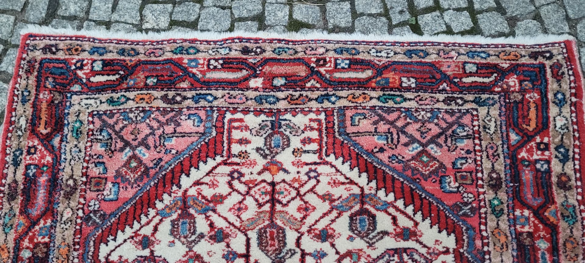 Dywan chodnik Hamadan, 170x115 cm, biały czerwony niebieski pomarańczowy brązowy, wełna bawełna, Iran, lata 70. - 390235