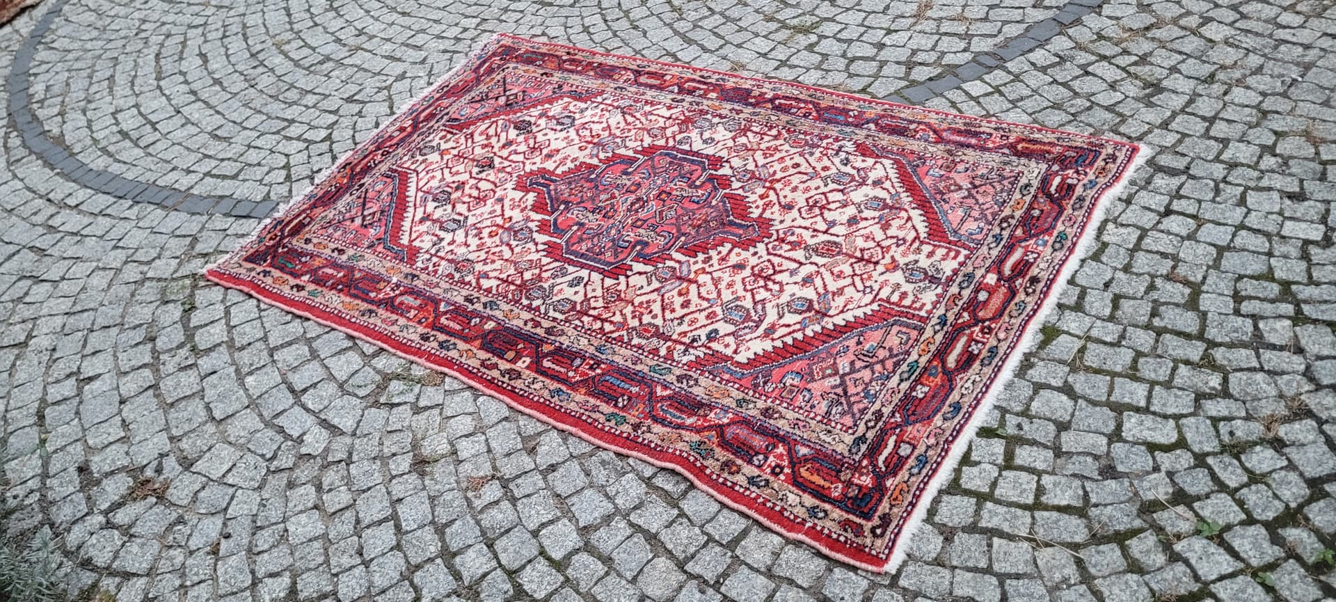 Dywan chodnik Hamadan, 170x115 cm, biały czerwony niebieski pomarańczowy brązowy, wełna bawełna, Iran, lata 70. - 390231