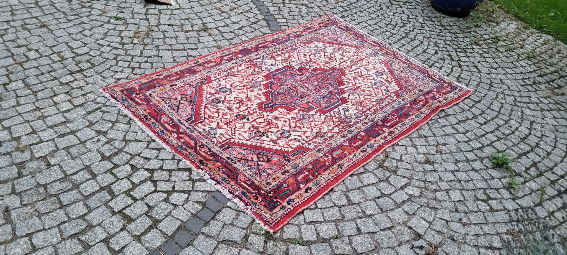 Dywan chodnik Hamadan, 170x115 cm, biały czerwony niebieski pomarańczowy brązowy, wełna bawełna, Iran, lata 70. - 390233