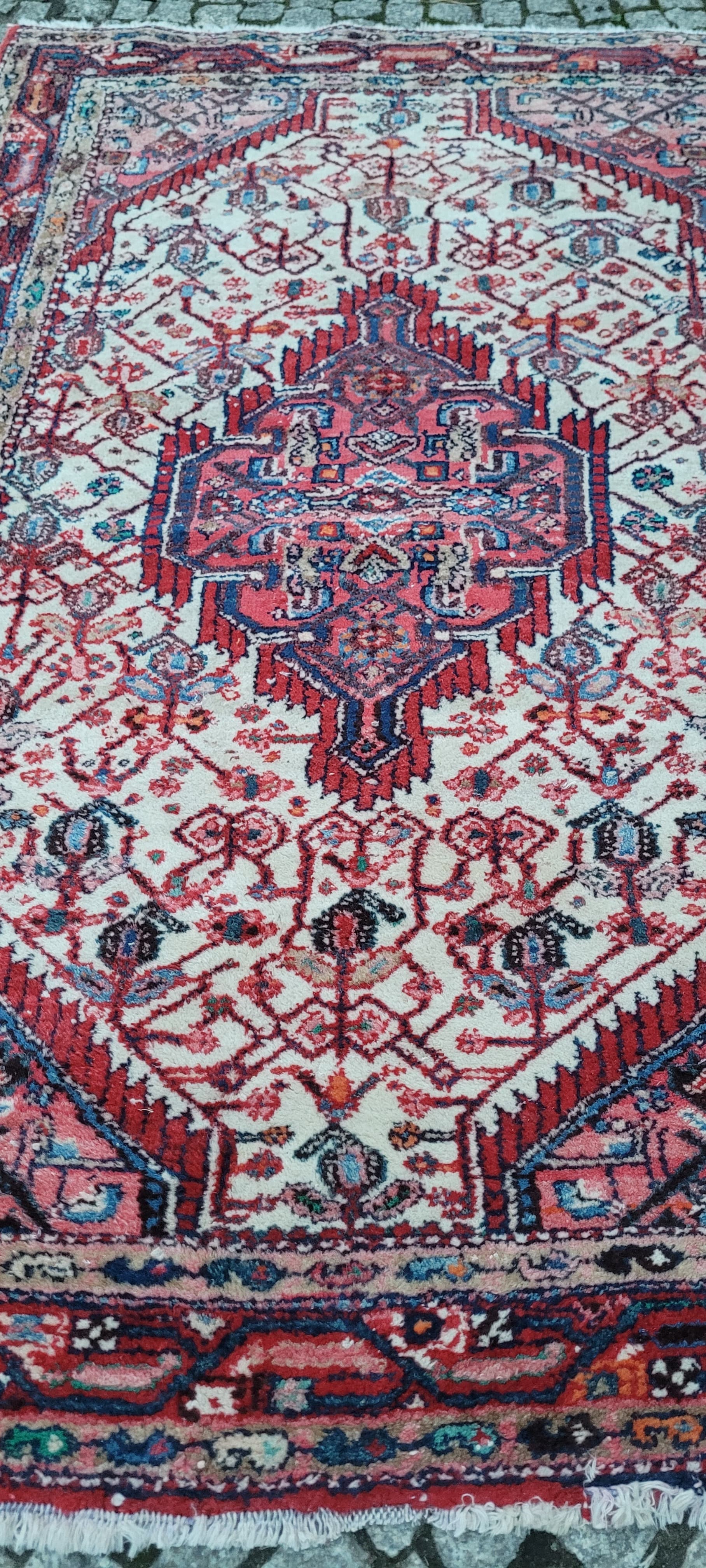 Dywan chodnik Hamadan, 170x115 cm, biały czerwony niebieski pomarańczowy brązowy, wełna bawełna, Iran, lata 70. - 390232