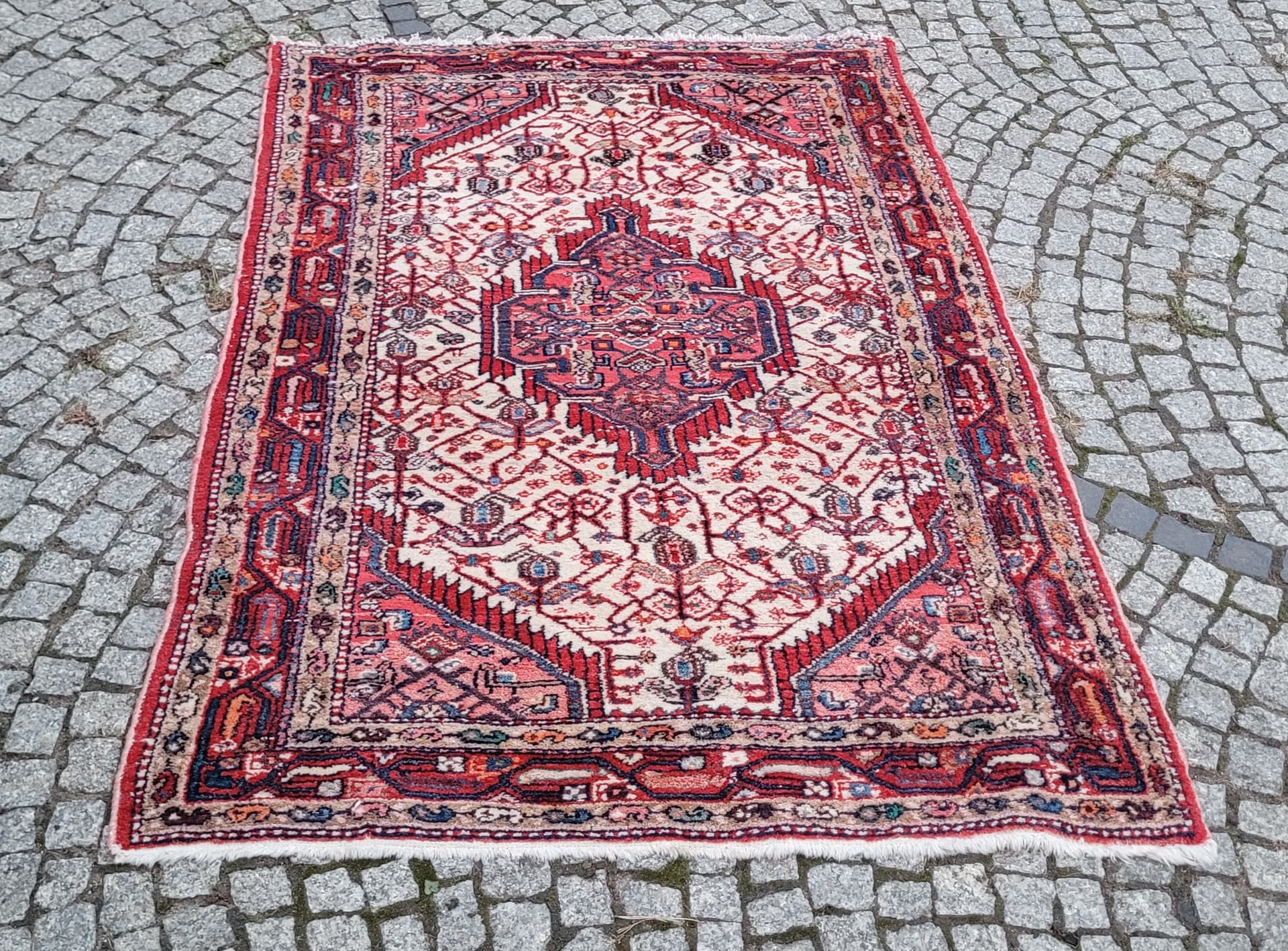 Dywan chodnik Hamadan, 170x115 cm, biały czerwony niebieski pomarańczowy brązowy, wełna bawełna, Iran, lata 70. - 390224