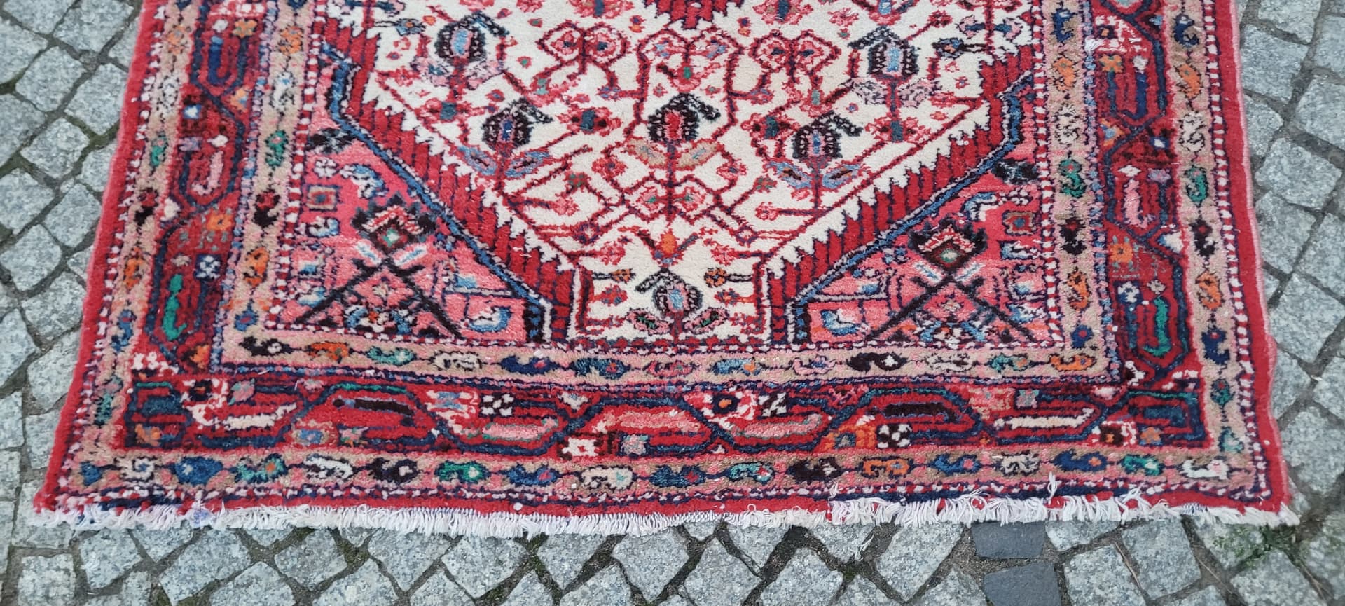 Dywan chodnik Hamadan, 170x115 cm, biały czerwony niebieski pomarańczowy brązowy, wełna bawełna, Iran, lata 70. - 390227