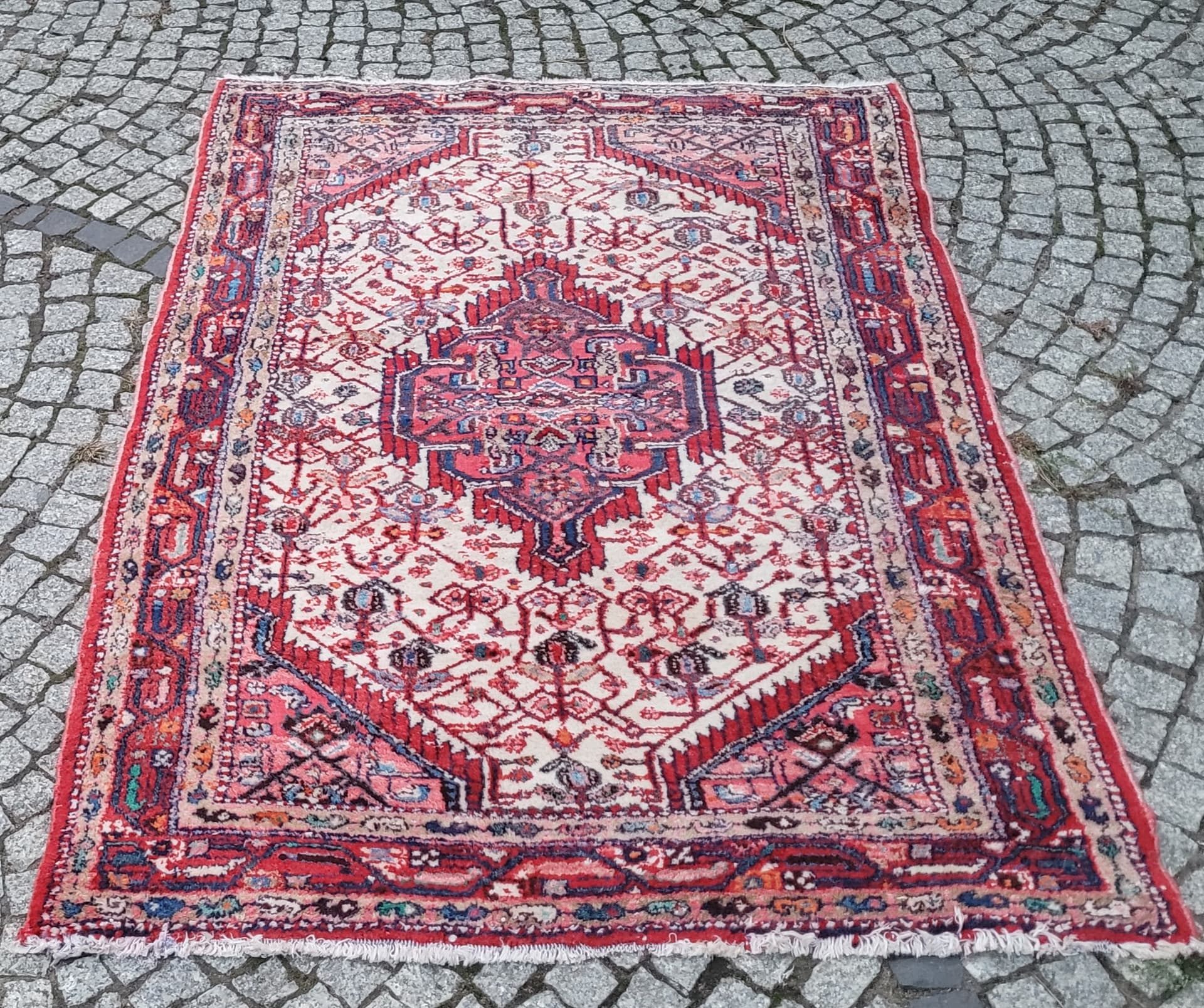 Dywan chodnik Hamadan, 170x115 cm, biały czerwony niebieski pomarańczowy brązowy, wełna bawełna, Iran, lata 70. - 390223