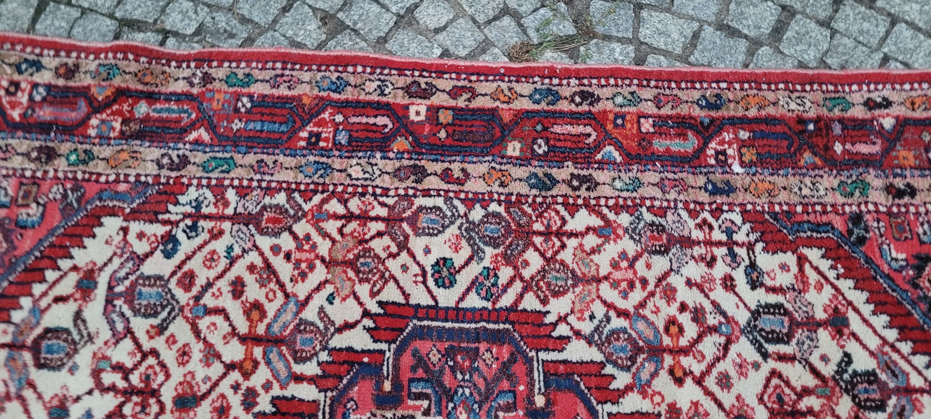 Dywan chodnik Hamadan, 170x115 cm, biały czerwony niebieski pomarańczowy brązowy, wełna bawełna, Iran, lata 70. - 390234