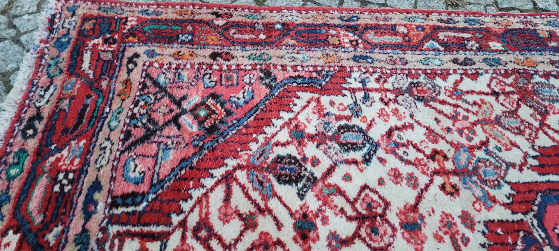 Dywan chodnik Hamadan, 170x115 cm, biały czerwony niebieski pomarańczowy brązowy, wełna bawełna, Iran, lata 70. - 390230