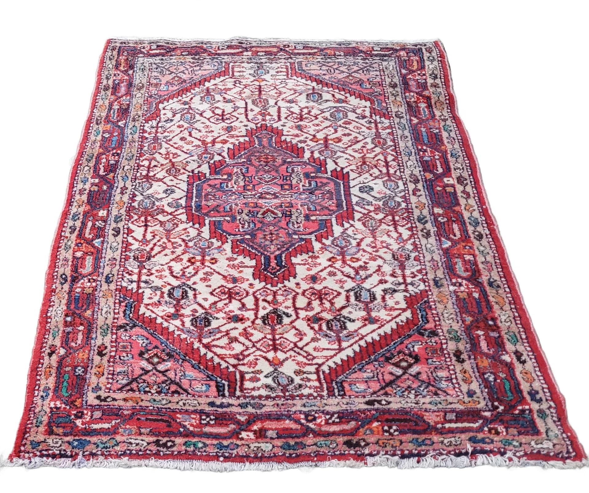 Dywan chodnik Hamadan, 170x115 cm, biały czerwony niebieski pomarańczowy brązowy, wełna bawełna, Iran, lata 70.