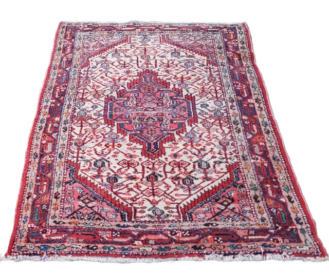Dywan chodnik Hamadan, 170x115 cm, biały czerwony niebieski pomarańczowy brązowy, wełna bawełna, Iran, lata 70. - WYMIARY
