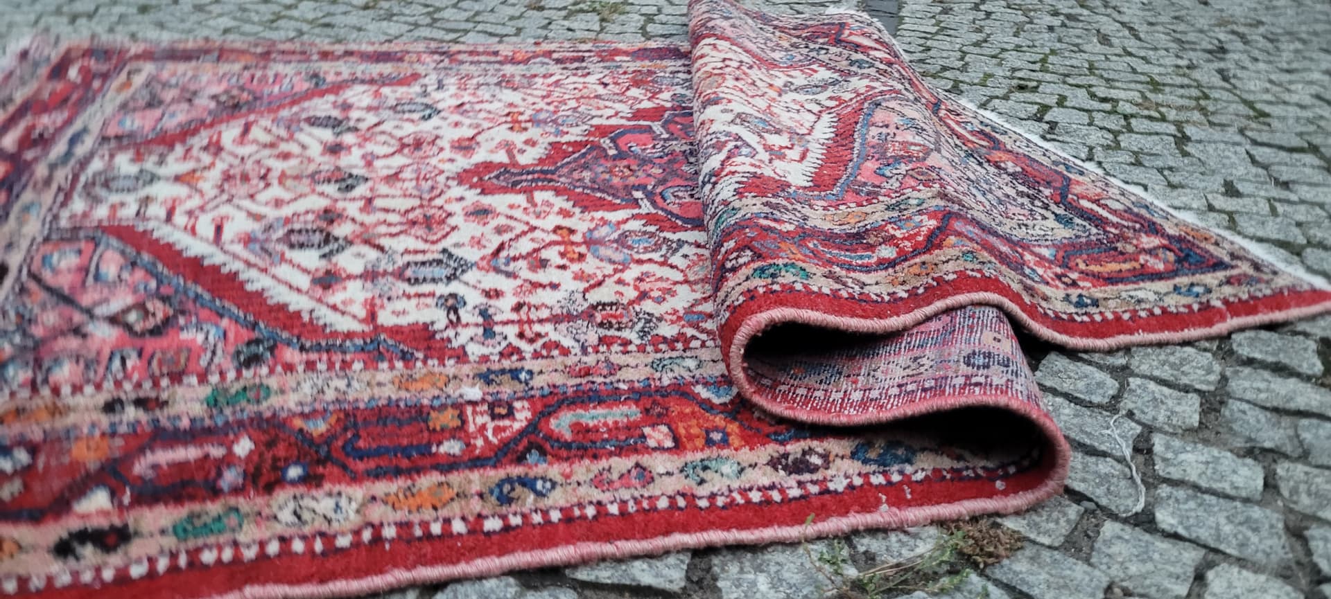 Dywan chodnik Hamadan, 170x115 cm, biały czerwony niebieski pomarańczowy brązowy, wełna bawełna, Iran, lata 70. - 390225