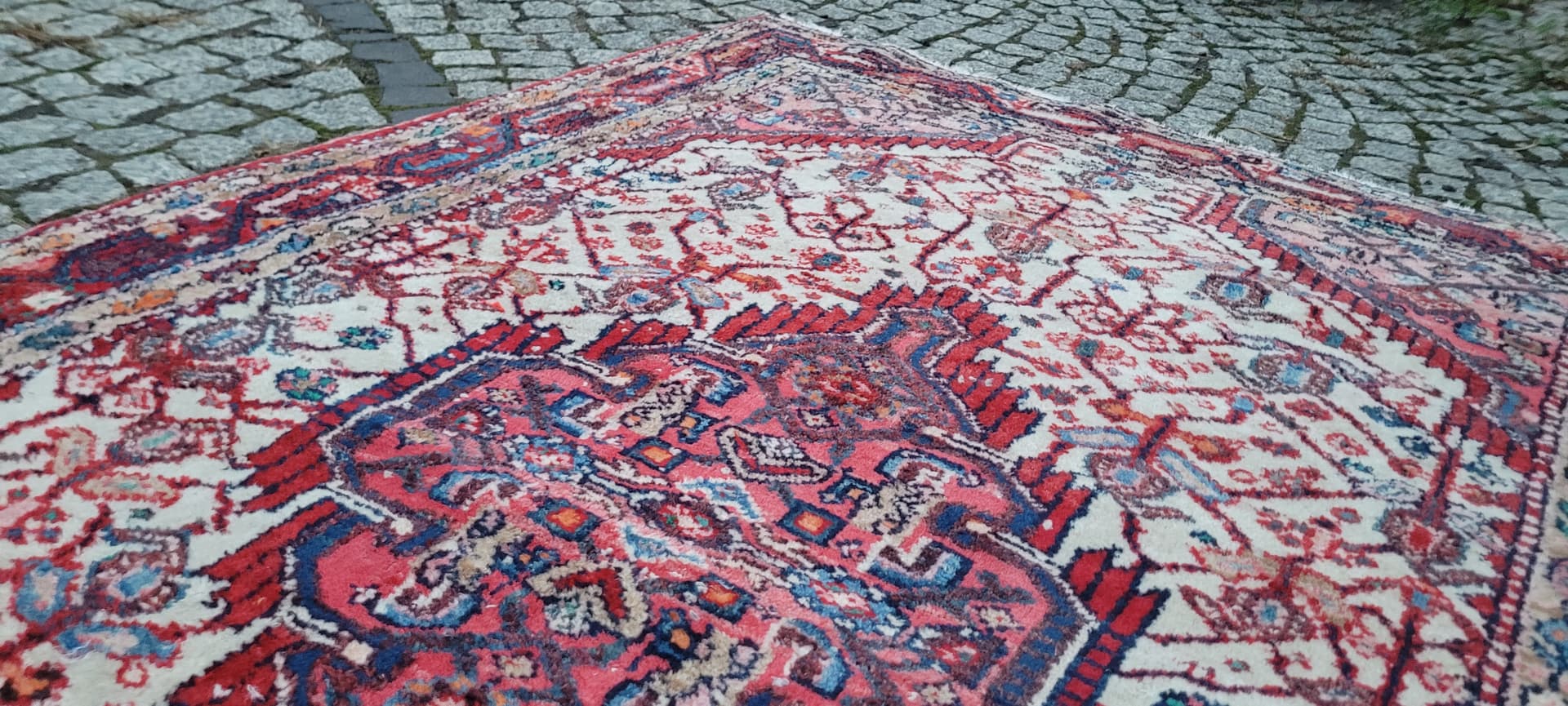 Dywan chodnik Hamadan, 170x115 cm, biały czerwony niebieski pomarańczowy brązowy, wełna bawełna, Iran, lata 70. - 390229