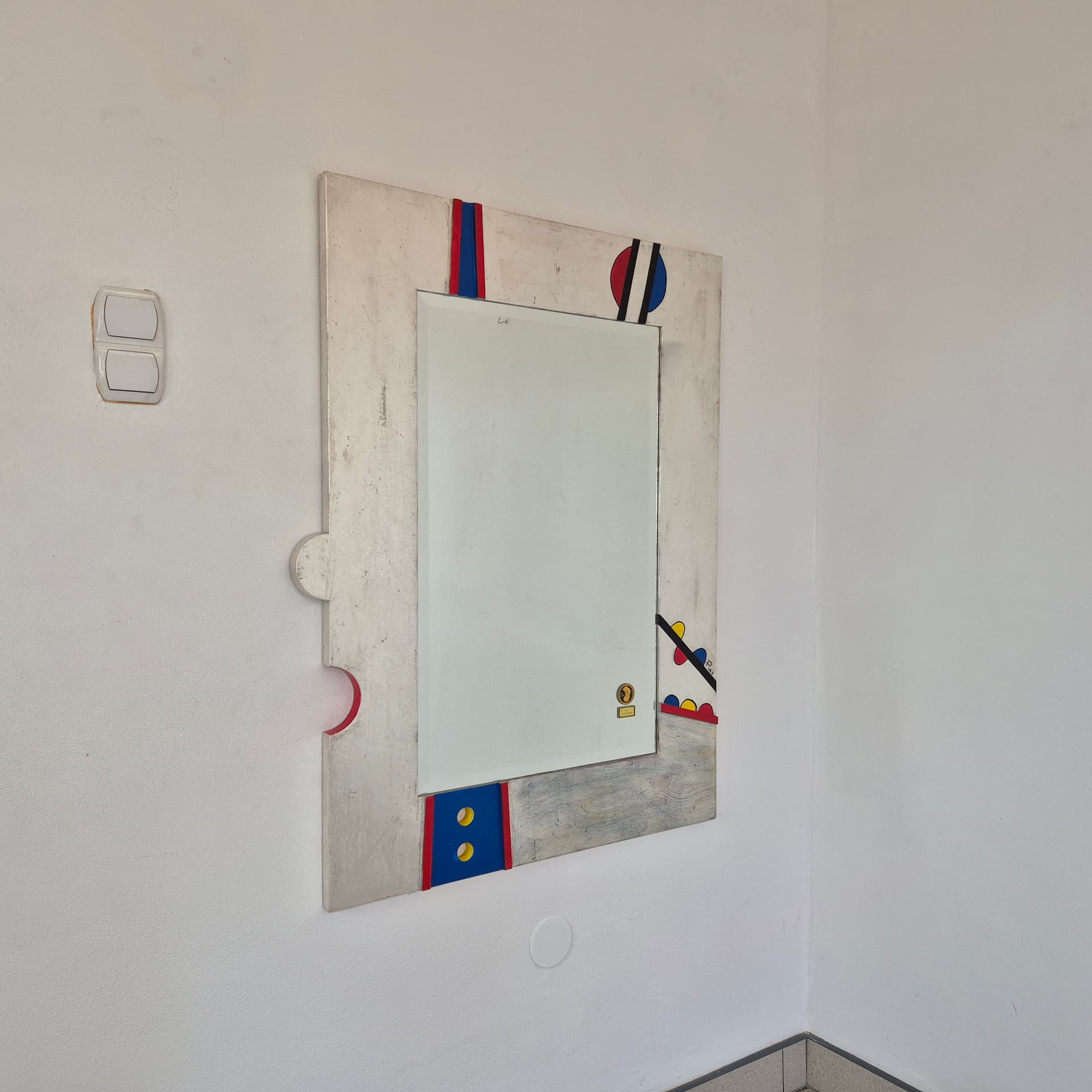 Wall mirror Memphis, silver red blue yellow black glass, Germany, 1990s. - 390274