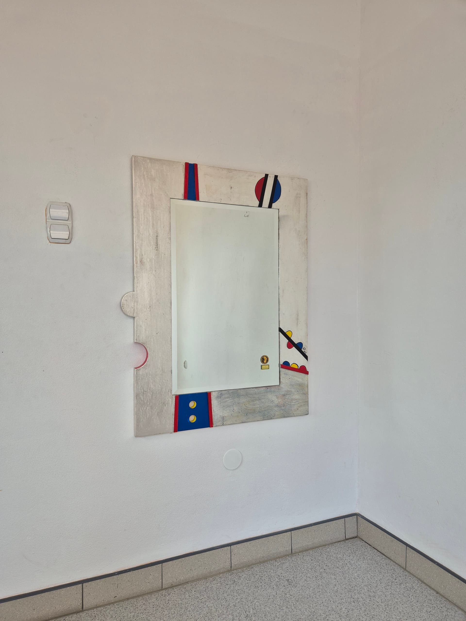 Wall mirror Memphis, silver red blue yellow black glass, Germany, 1990s. - 390286