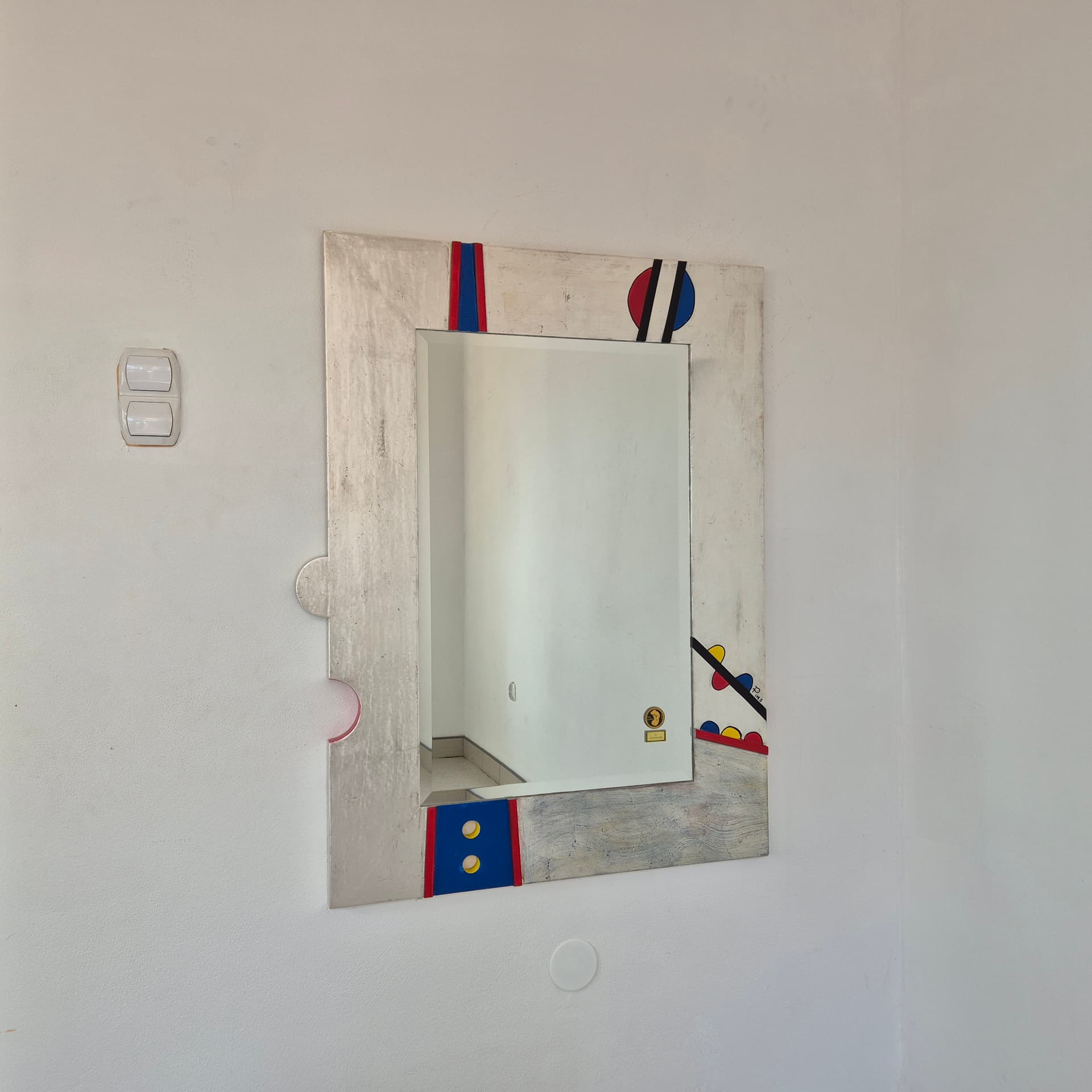 Wall mirror Memphis, silver red blue yellow black glass, Germany, 1990s. - 390276