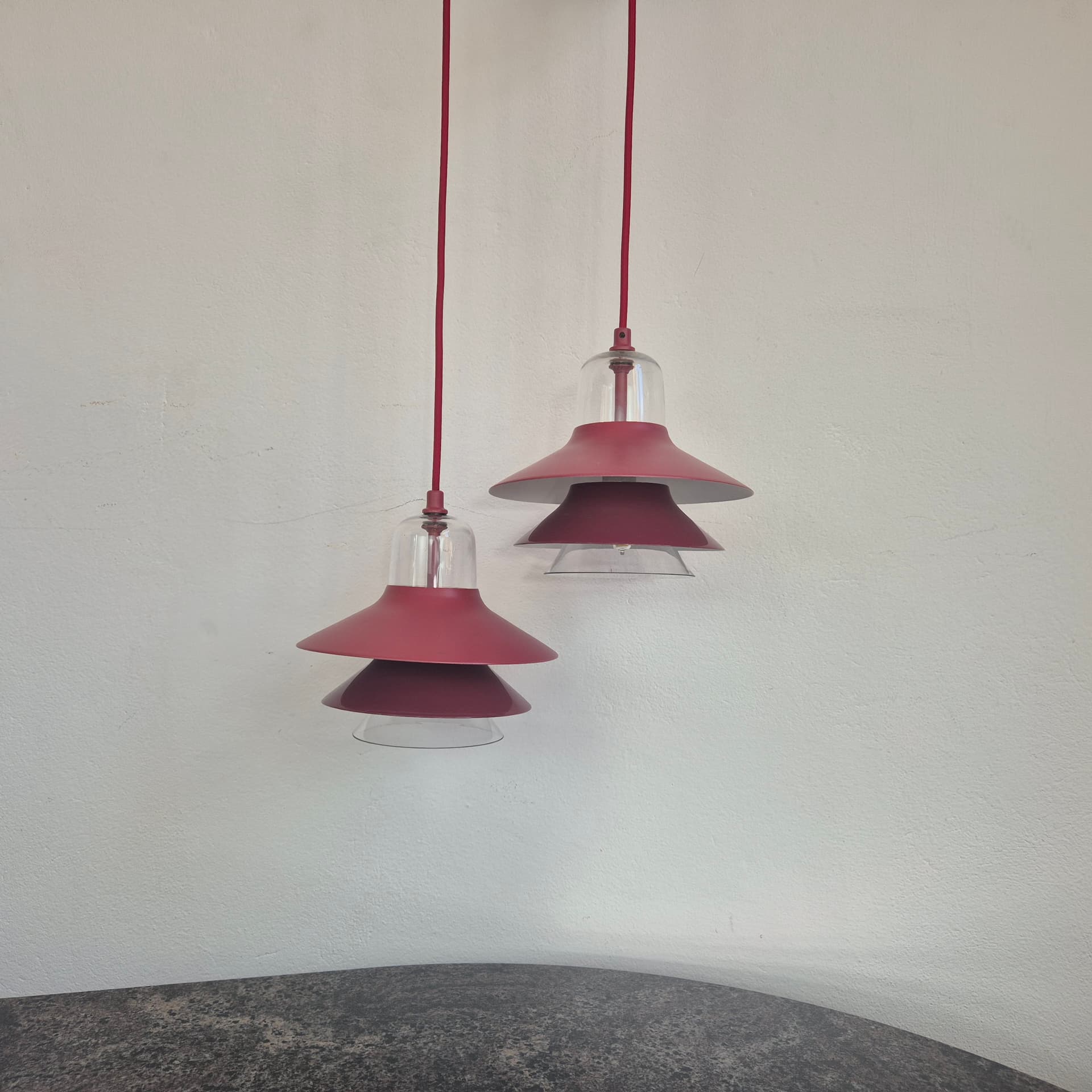 Pendant lamp Ikono Small, burgundy metal, transparent glass, by S. Legald, Denmark, 2000s - 390306