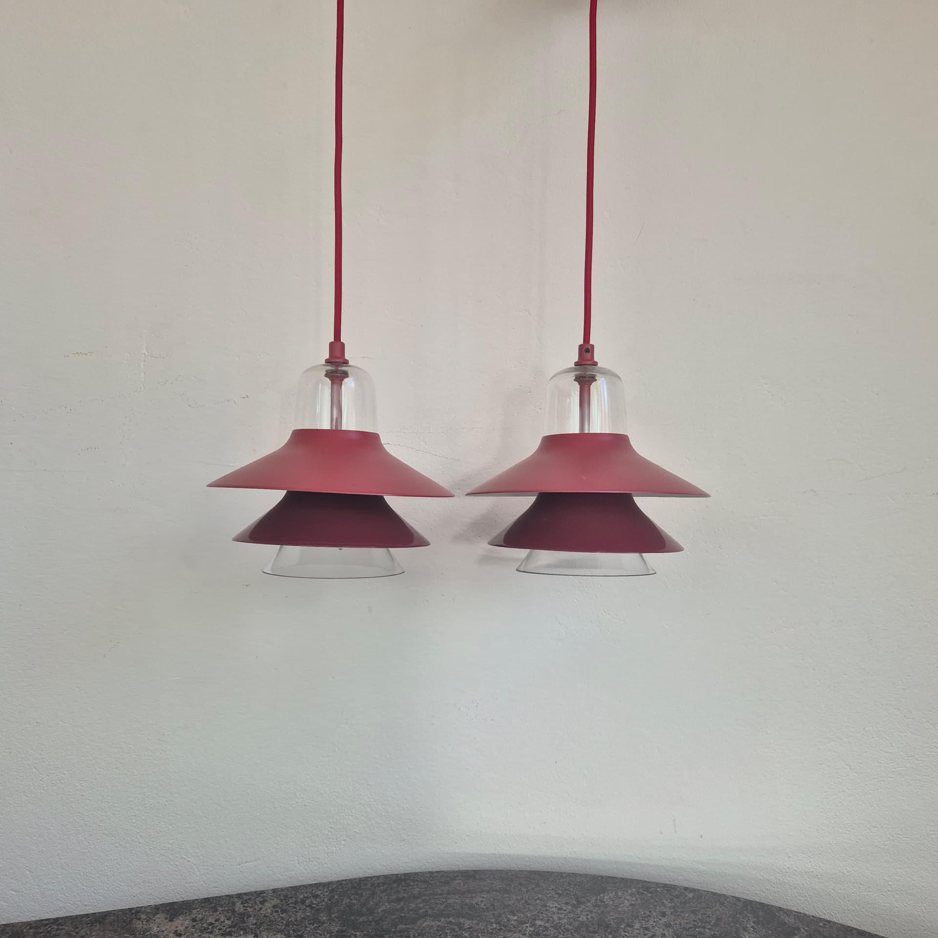 Pendant lamp Ikono Small, burgundy metal, transparent glass, by S. Legald, Denmark, 2000s - 390304
