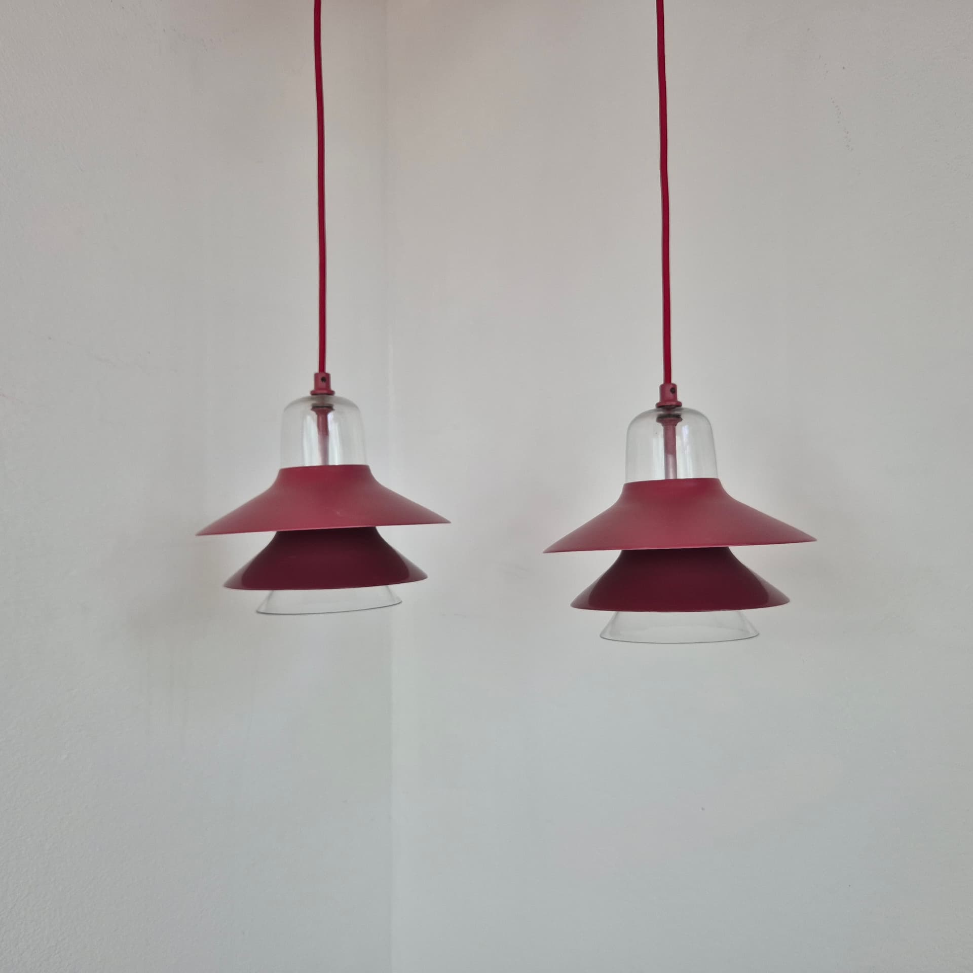 Pendant lamp Ikono Small, burgundy metal, transparent glass, by S. Legald, Denmark, 2000s - 390305
