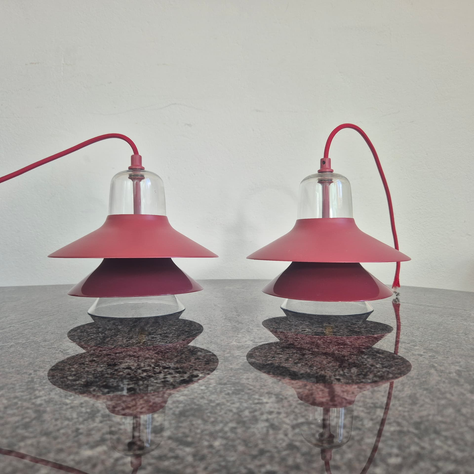 Pendant lamp Ikono Small, burgundy metal, transparent glass, by S. Legald, Denmark, 2000s - 390311