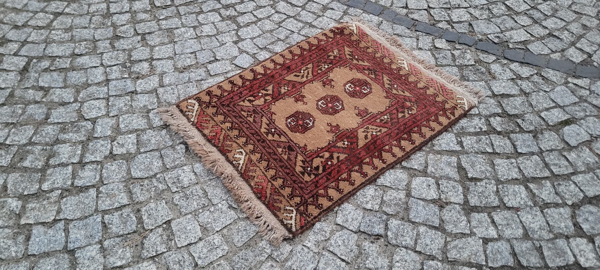 Afghan rug, brown red beige white, wool, Afghanistan, 1990s, 80x60 cm - 390328