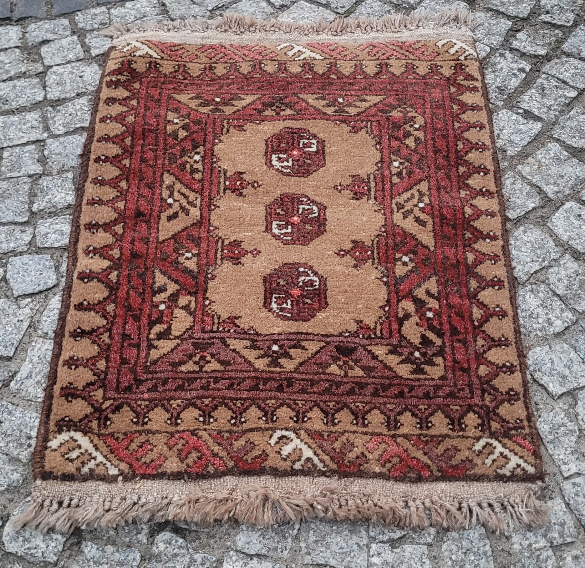 Afghan rug, brown red beige white, wool, Afghanistan, 1990s, 80x60 cm - 390316
