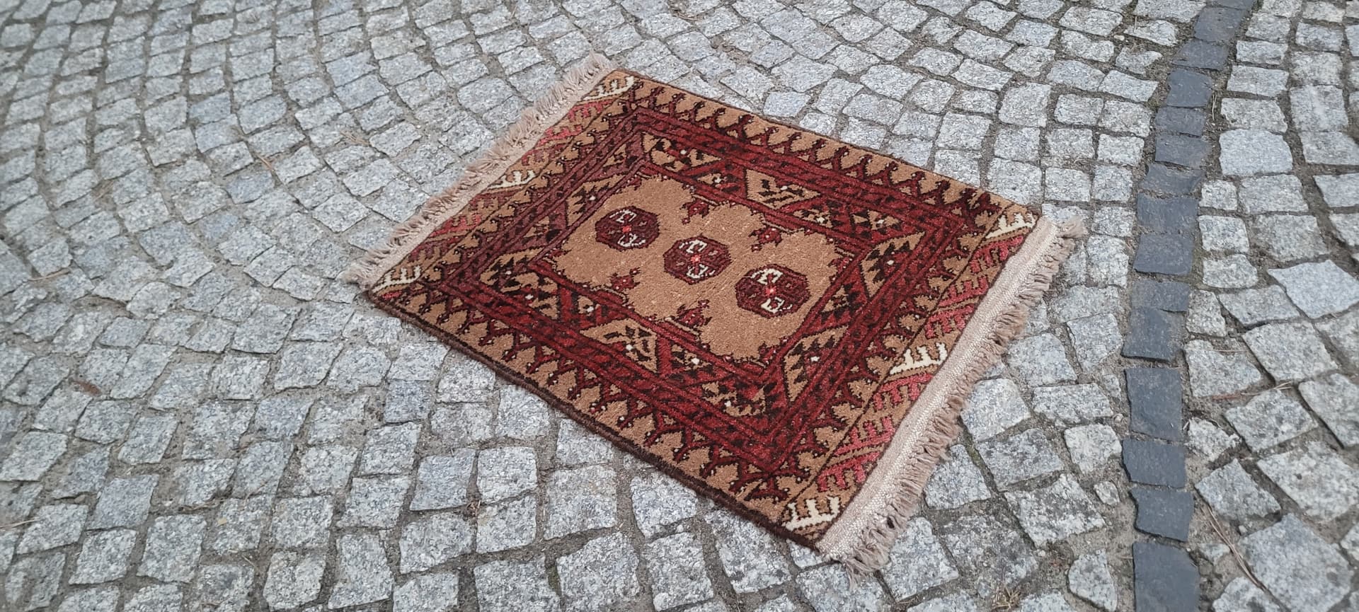 Afghan rug, brown red beige white, wool, Afghanistan, 1990s, 80x60 cm - 390327