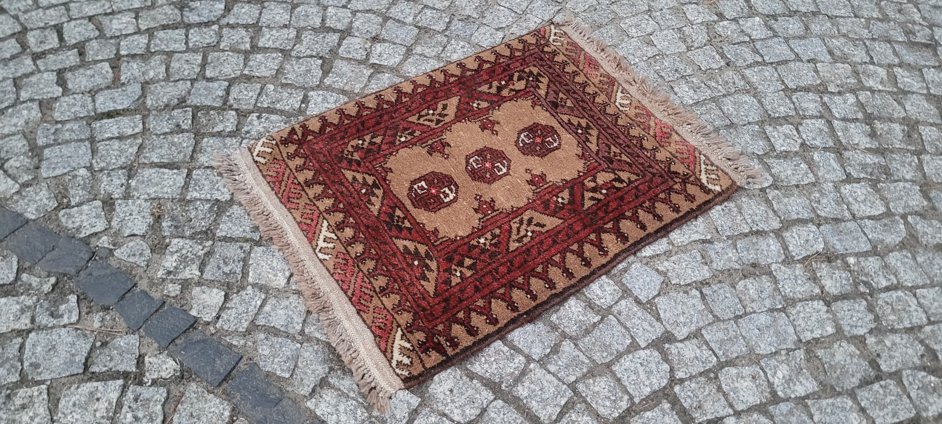 Afghan rug, brown red beige white, wool, Afghanistan, 1990s, 80x60 cm - 390326