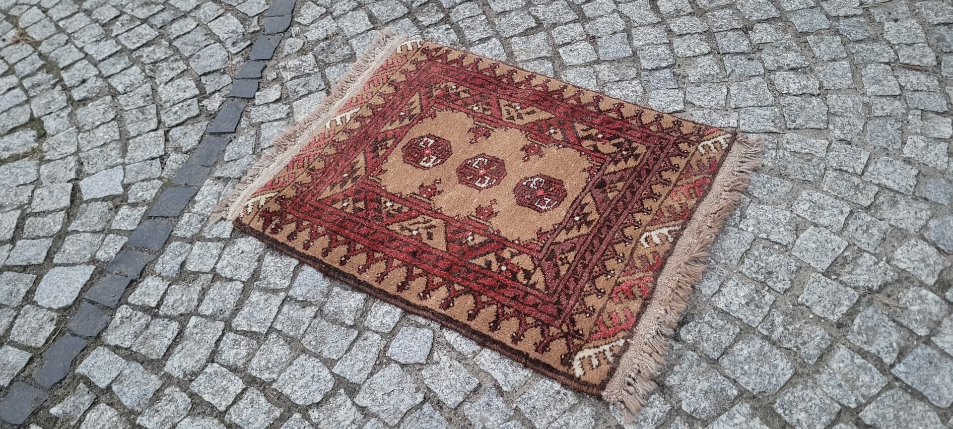 Afghan rug, brown red beige white, wool, Afghanistan, 1990s, 80x60 cm - 390329