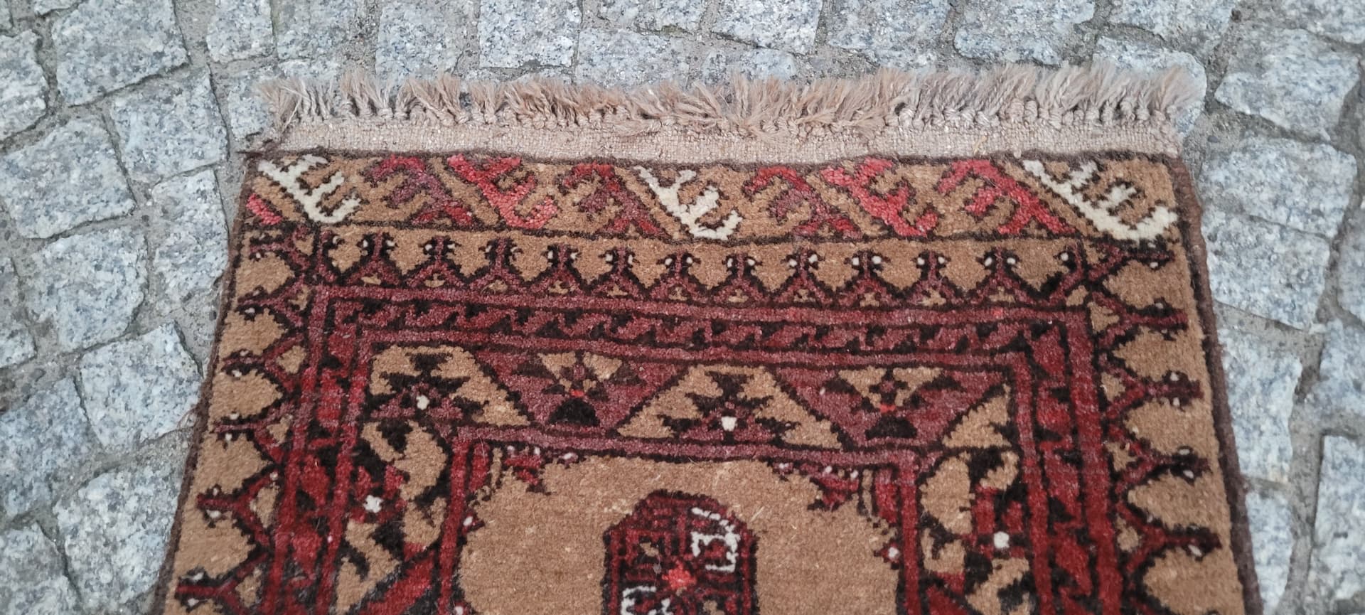 Afghan rug, brown red beige white, wool, Afghanistan, 1990s, 80x60 cm - 390323