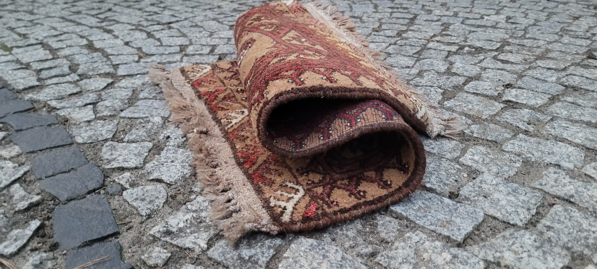 Afghan rug, brown red beige white, wool, Afghanistan, 1990s, 80x60 cm - 390318