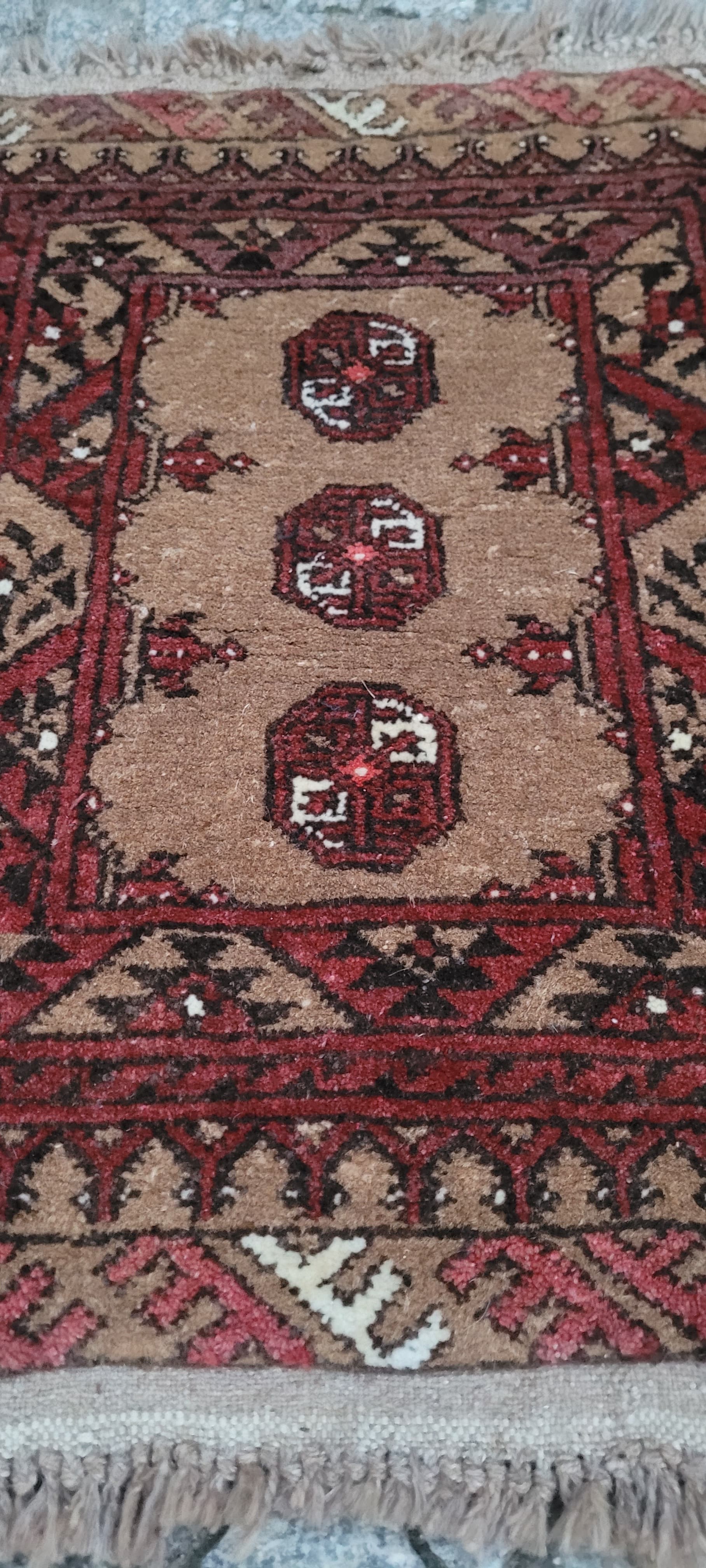 Afghan rug, brown red beige white, wool, Afghanistan, 1990s, 80x60 cm - 390321