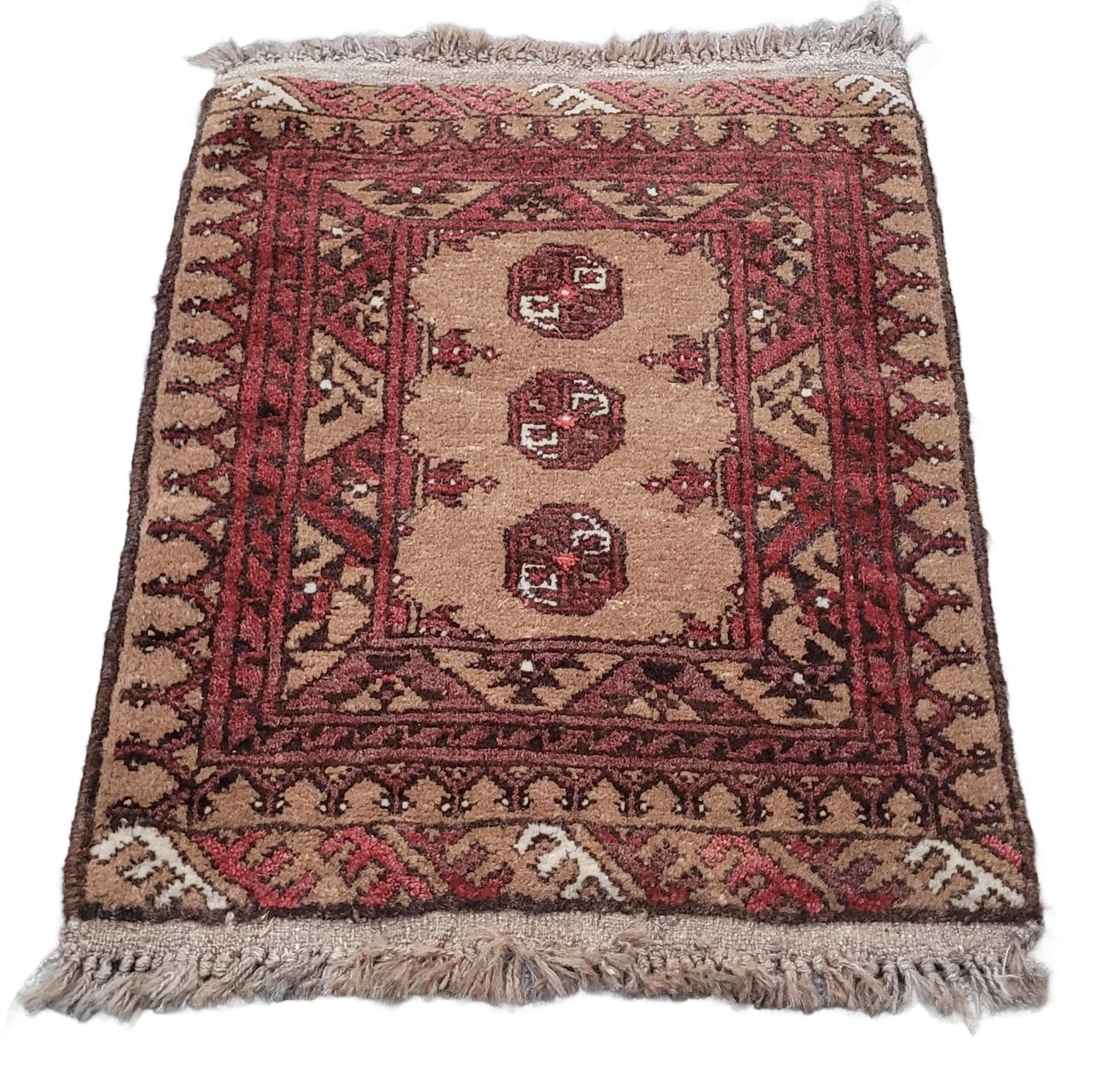 Afghan rug, brown red beige white, wool, Afghanistan, 1990s, 80x60 cm