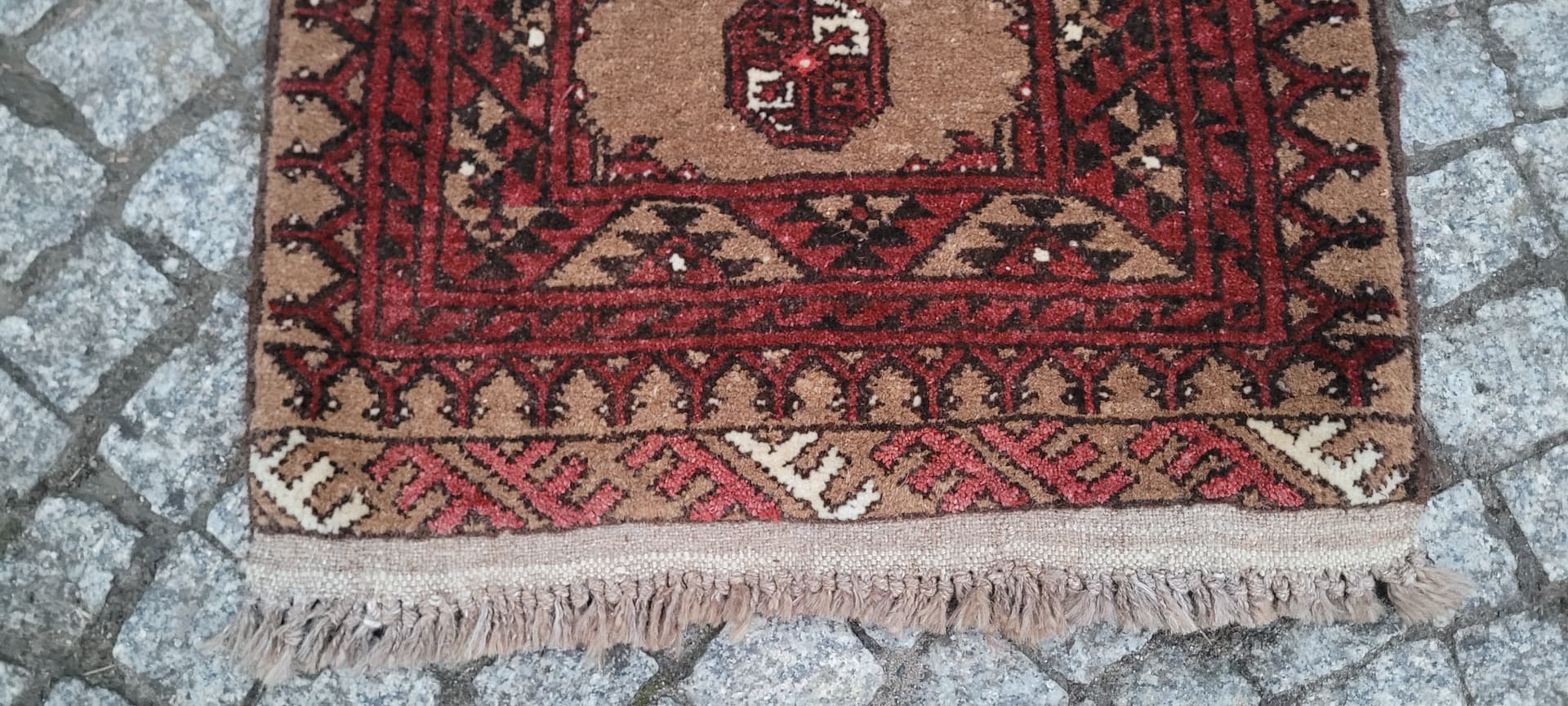 Afghan rug, brown red beige white, wool, Afghanistan, 1990s, 80x60 cm - 390324