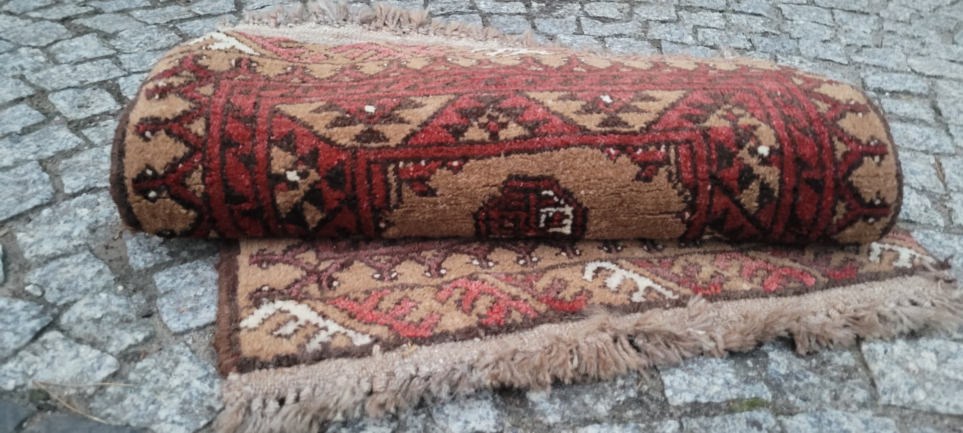 Afghan rug, brown red beige white, wool, Afghanistan, 1990s, 80x60 cm - 390317