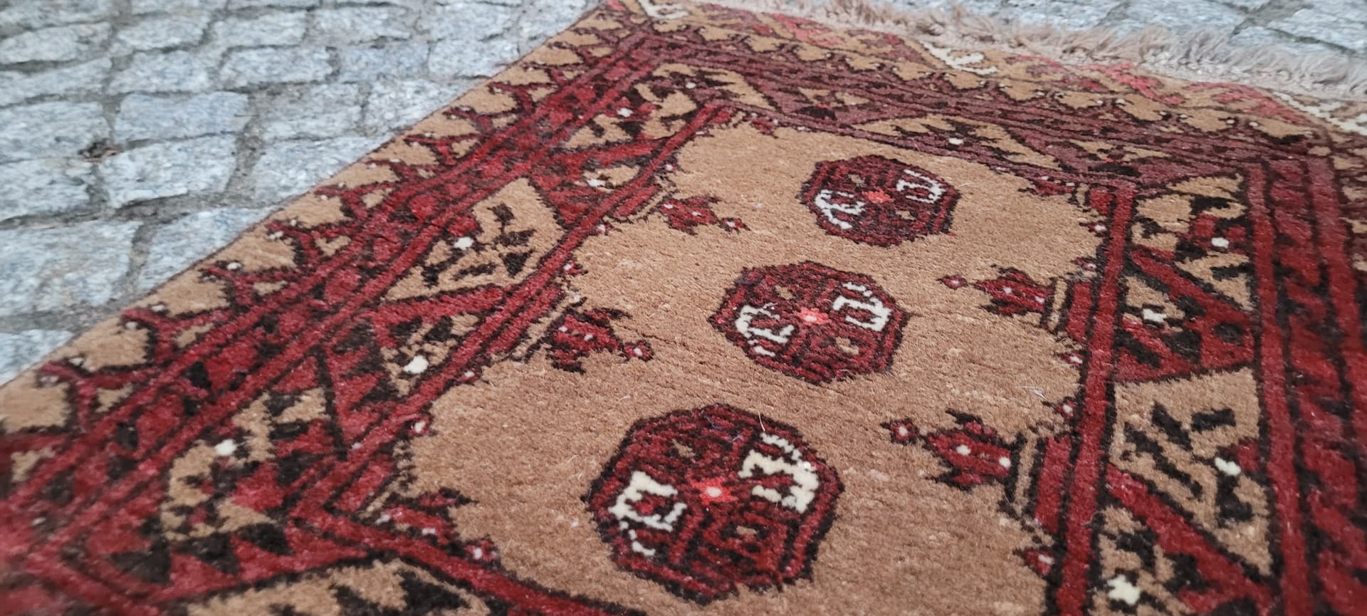 Afghan rug, brown red beige white, wool, Afghanistan, 1990s, 80x60 cm - 390320