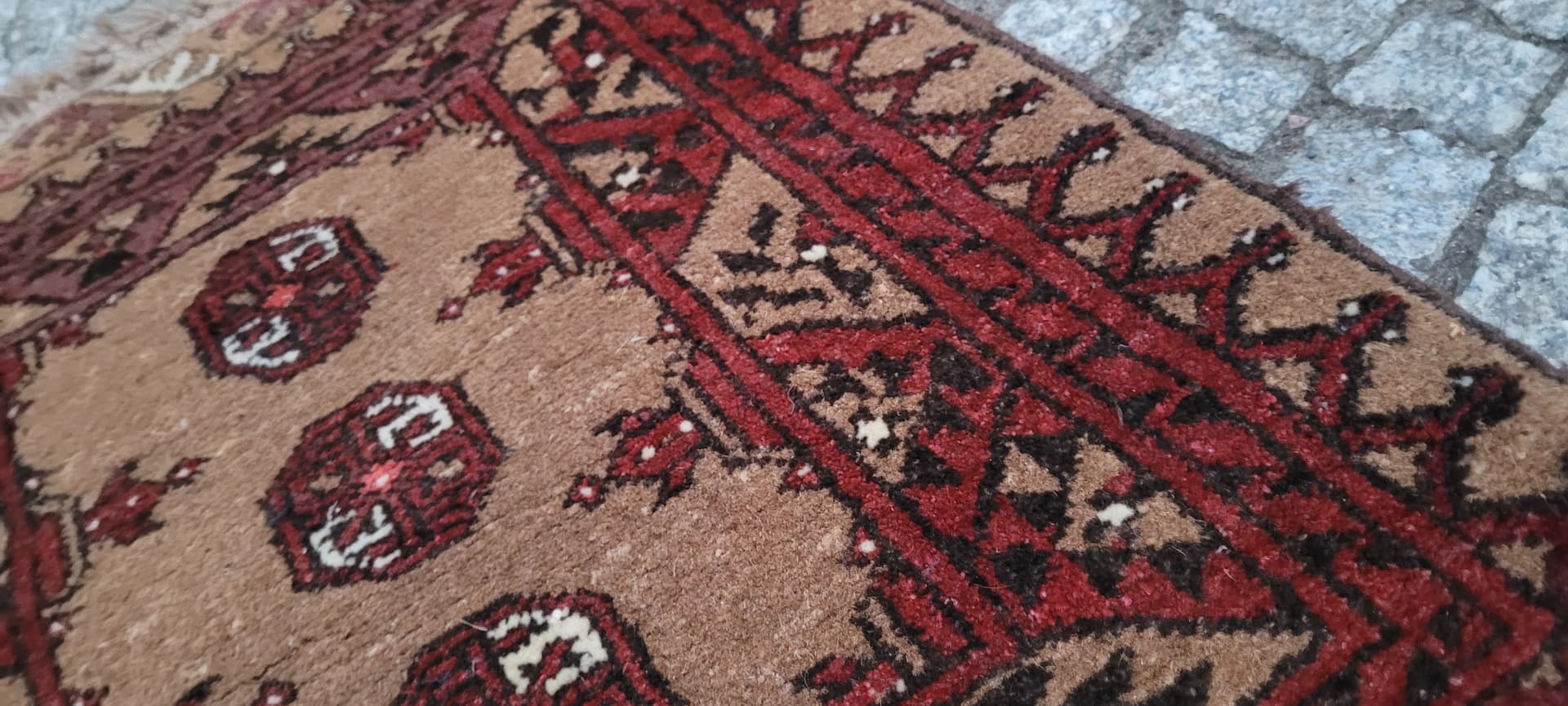 Afghan rug, brown red beige white, wool, Afghanistan, 1990s, 80x60 cm - 390319