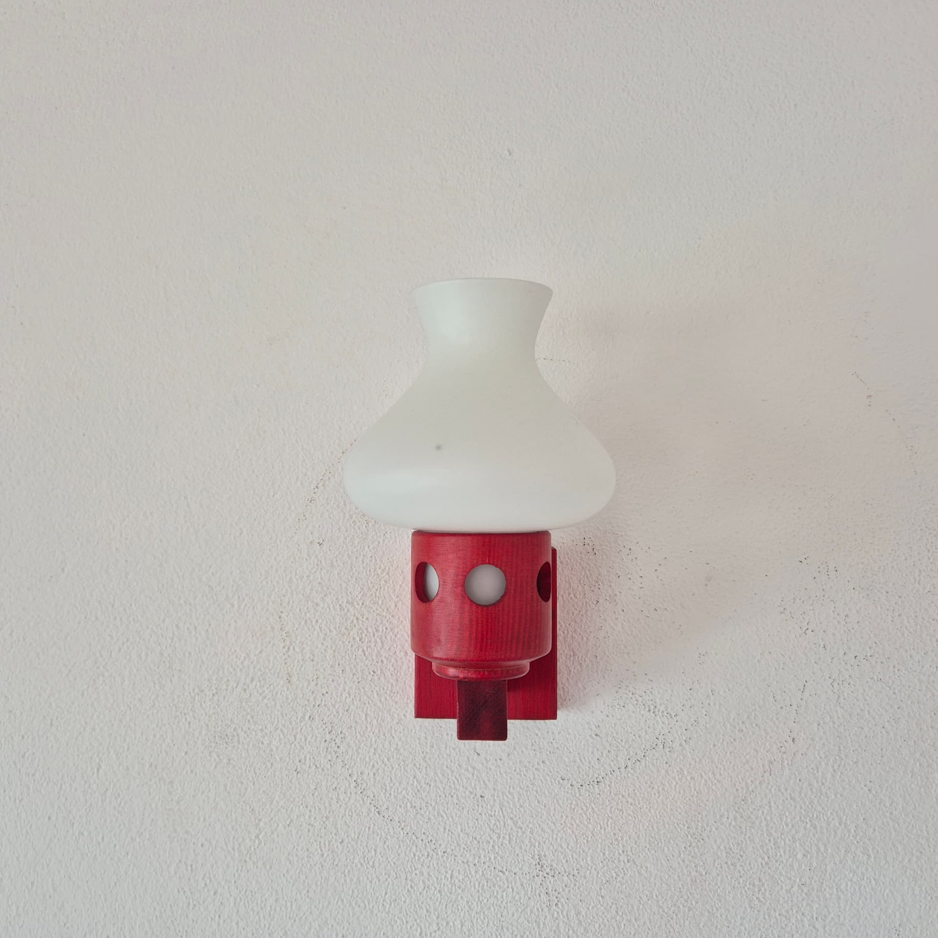 Pair of wall sconces, red wood, white glass, Vitrika, Denmark, 1960s. - 390333