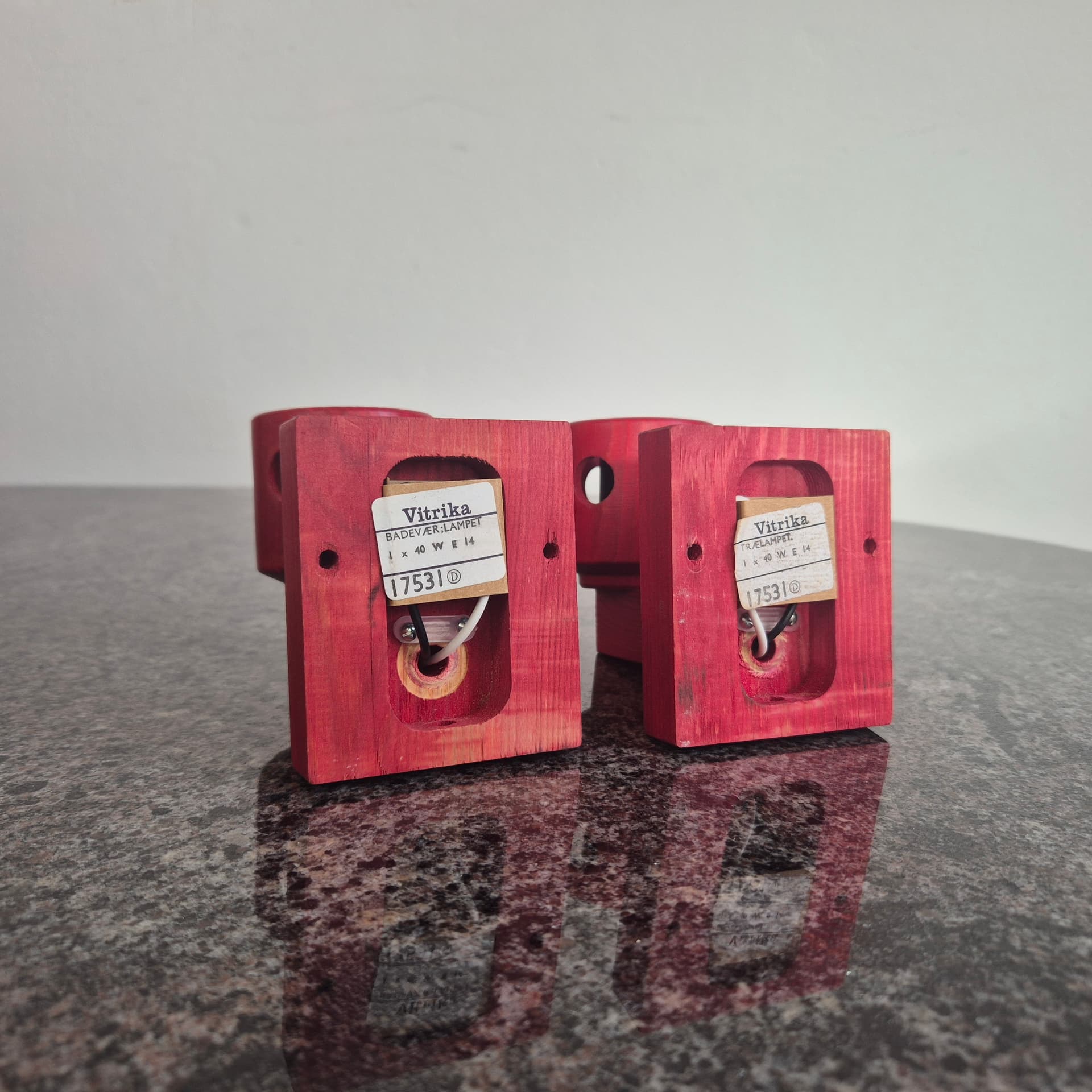 Pair of wall sconces, red wood, white glass, Vitrika, Denmark, 1960s. - 390336
