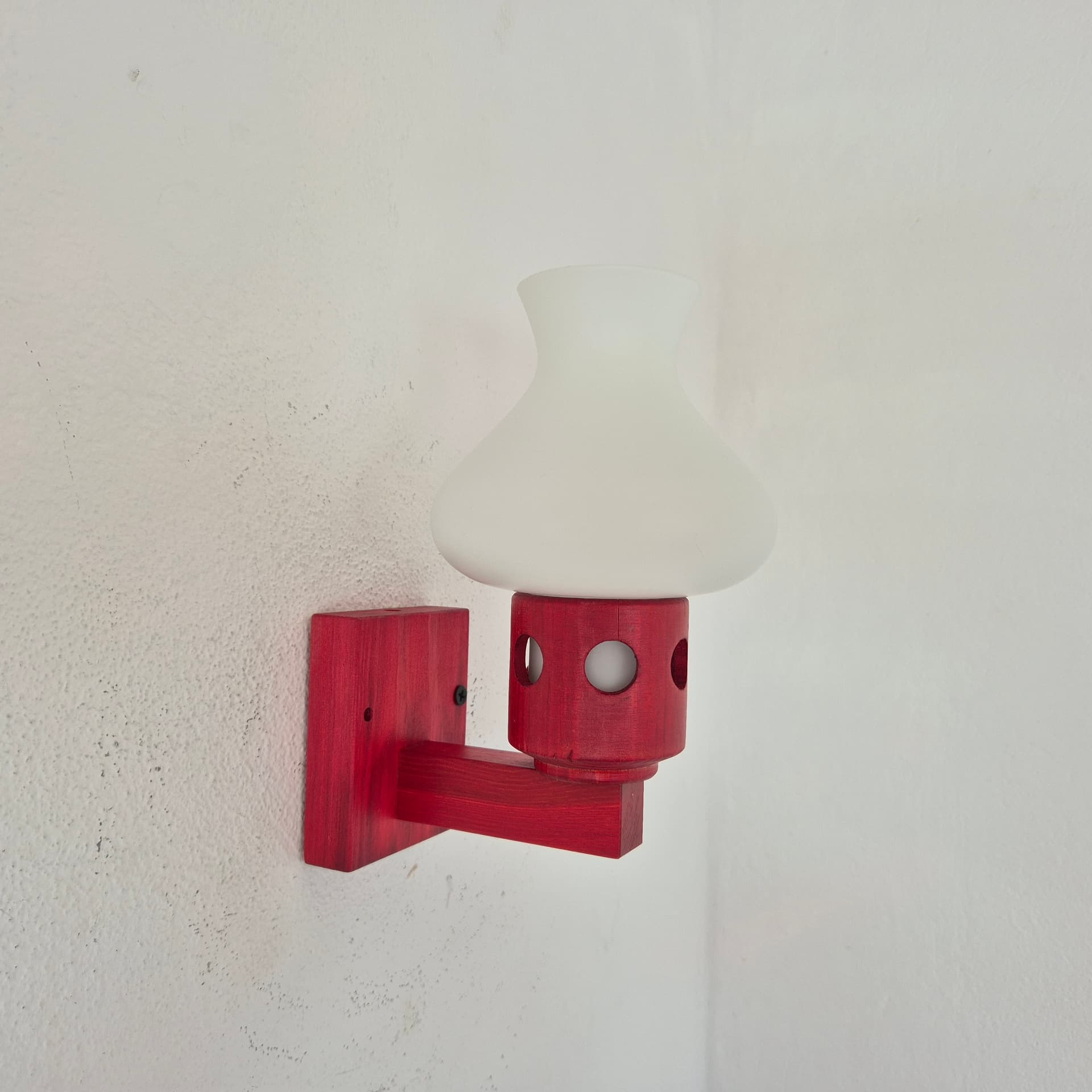Pair of wall sconces, red wood, white glass, Vitrika, Denmark, 1960s. - 390335
