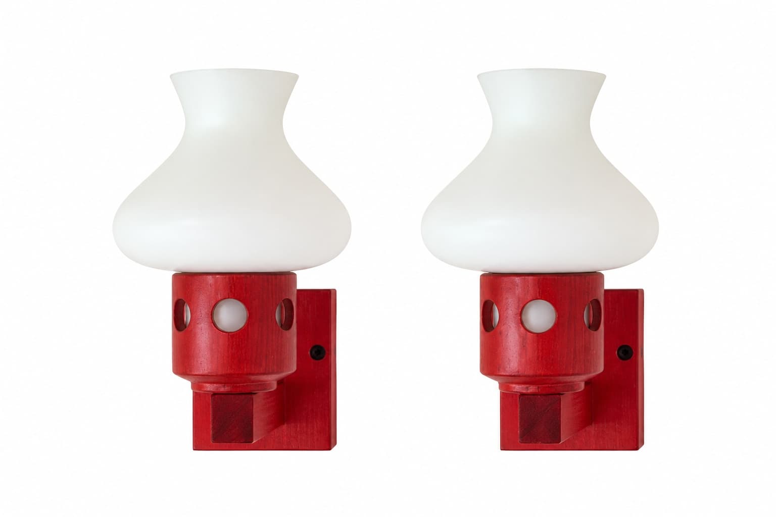 Pair of wall sconces, red wood, white glass, Vitrika, Denmark, 1960s.