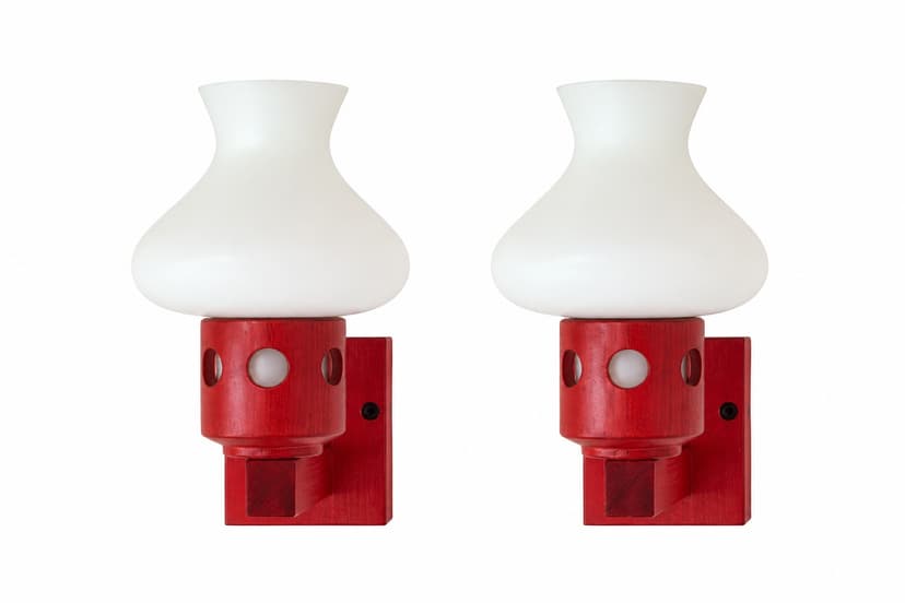 Pair of wall sconces, red wood, white glass, Vitrika, Denmark, 1960s.