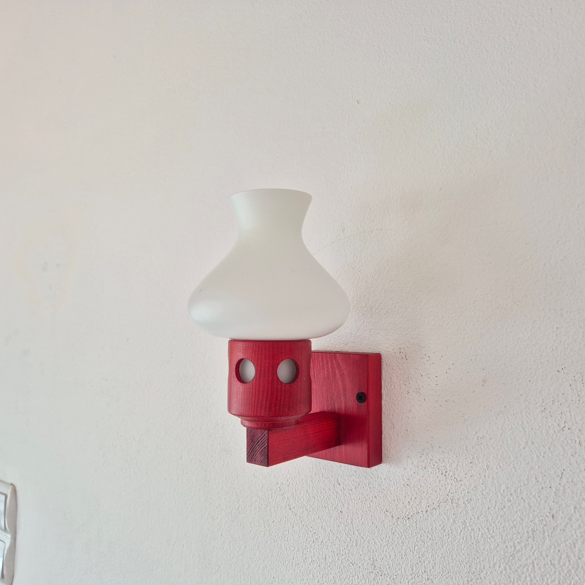 Pair of wall sconces, red wood, white glass, Vitrika, Denmark, 1960s. - 390334