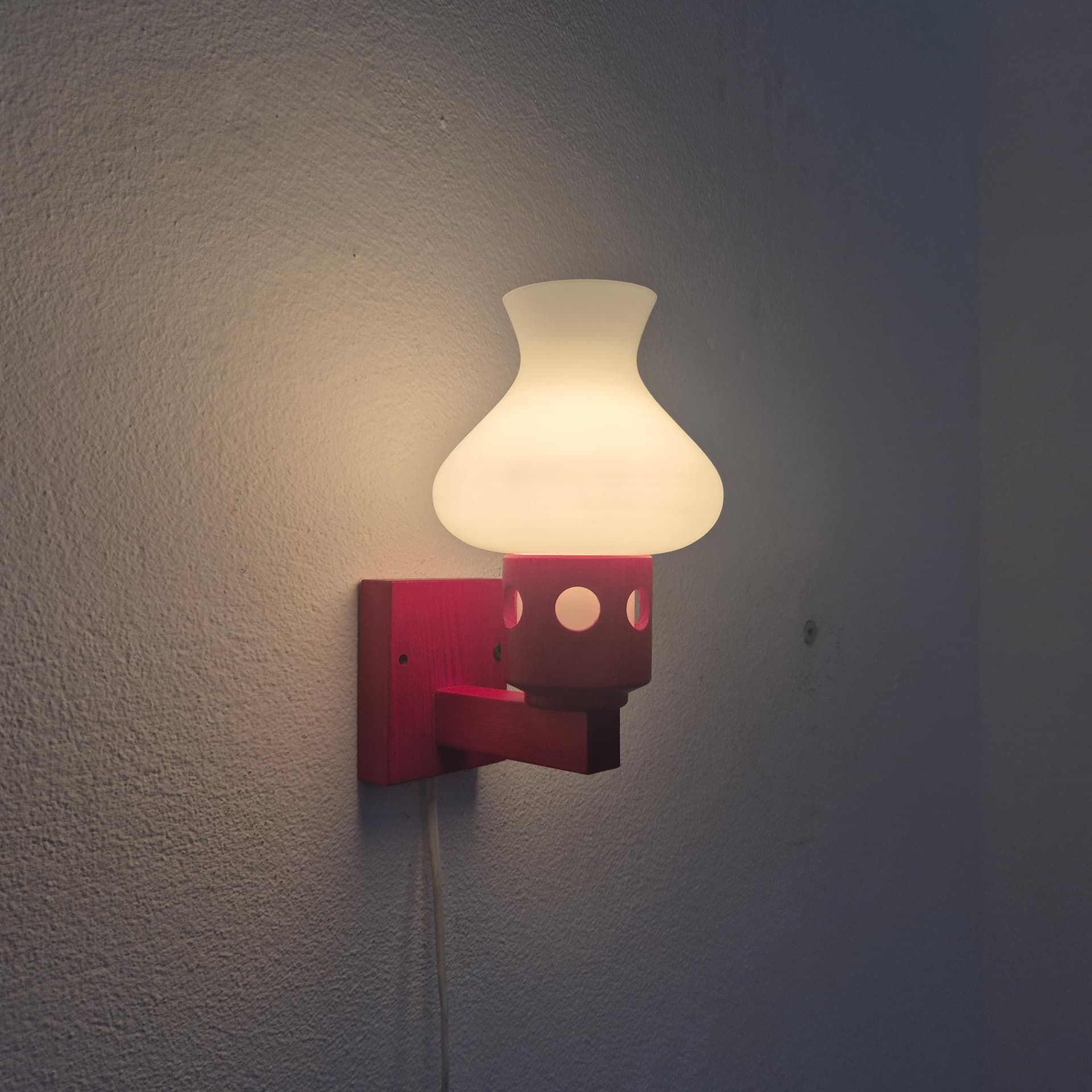 Pair of wall sconces, red wood, white glass, Vitrika, Denmark, 1960s. - 390337