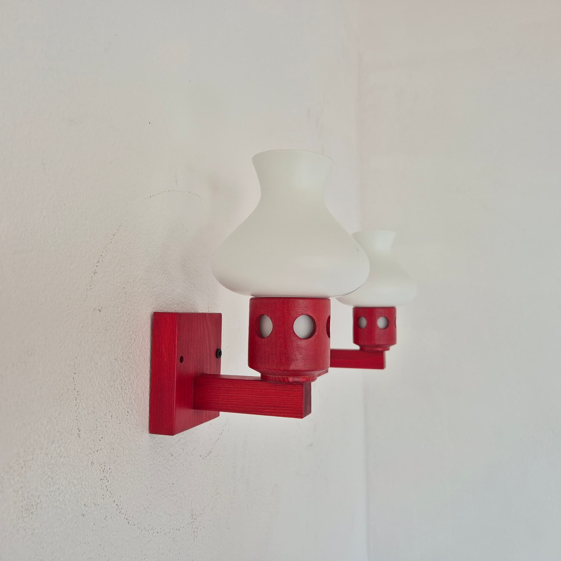 Pair of wall sconces, red wood, white glass, Vitrika, Denmark, 1960s. - 390332